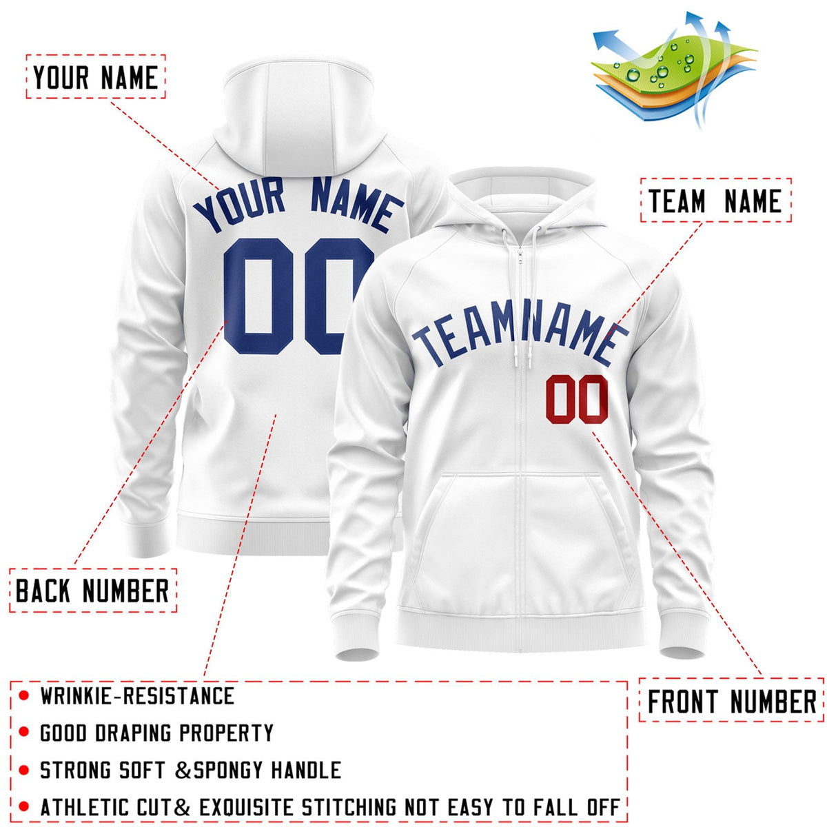 Custom Stitched White Royal Sports Full-Zip Sweatshirt Hoodie| KXKSHOP