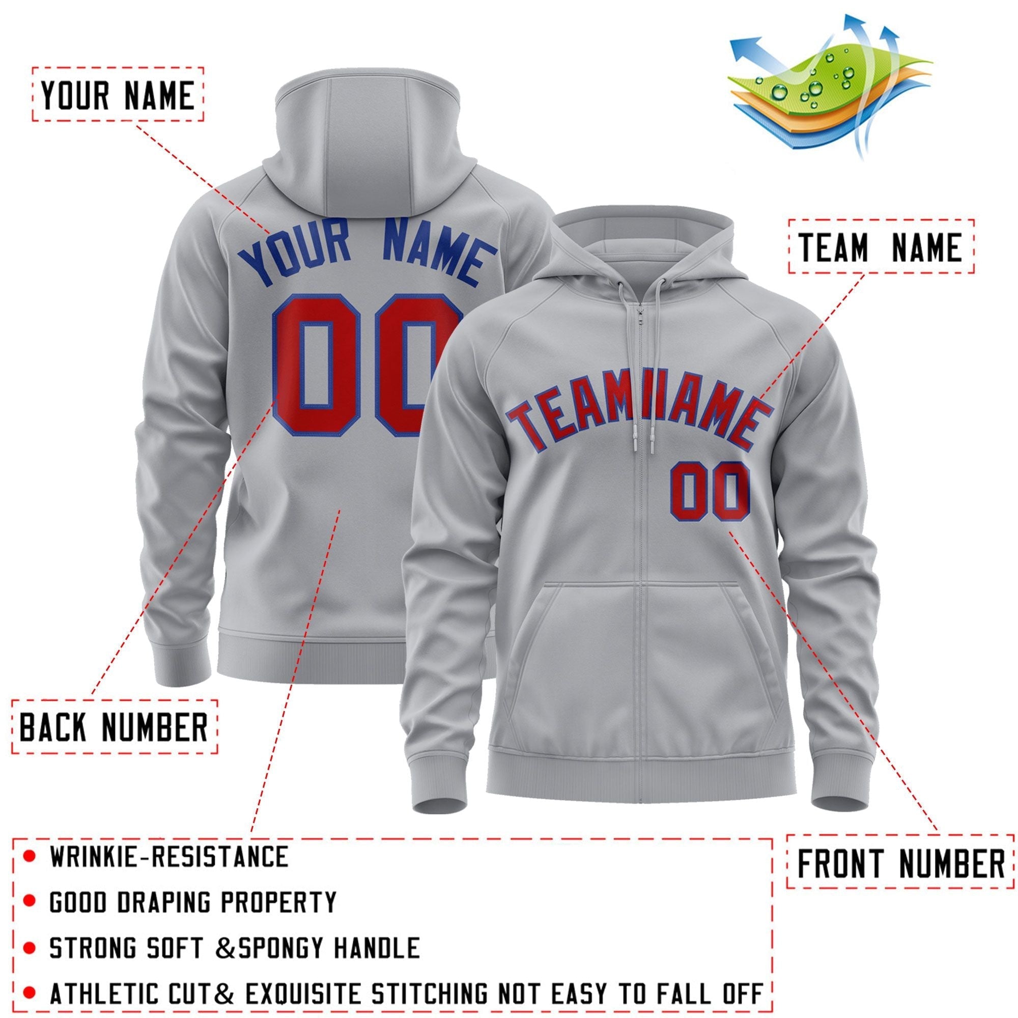 Custom Stitched Gray Red-Royal Sports Full-Zip Sweatshirt Hoodie| KXKSHOP