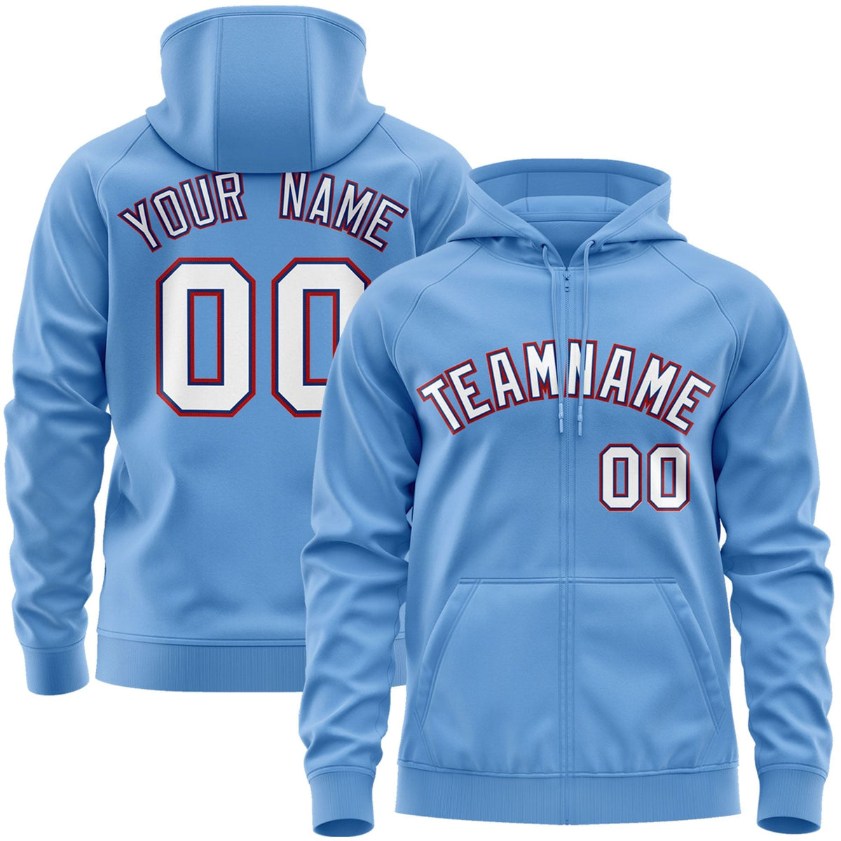 Custom Stitched Light Blue White-Red Sports Full-Zip Sweatshirt Hoodie| KXKSHOP