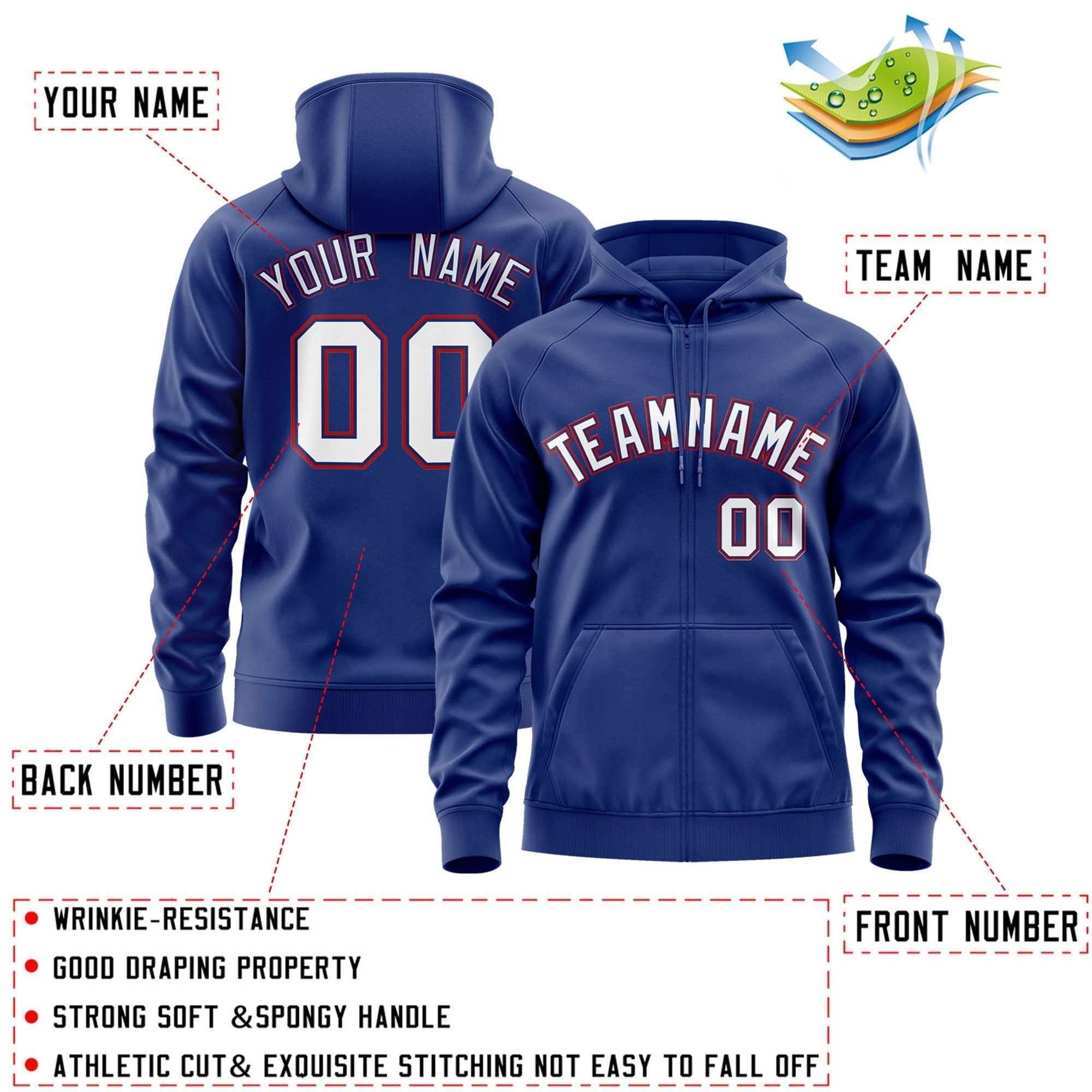Custom Stitched Royal White-Red Sports Full-Zip Sweatshirt Hoodie| KXKSHOP