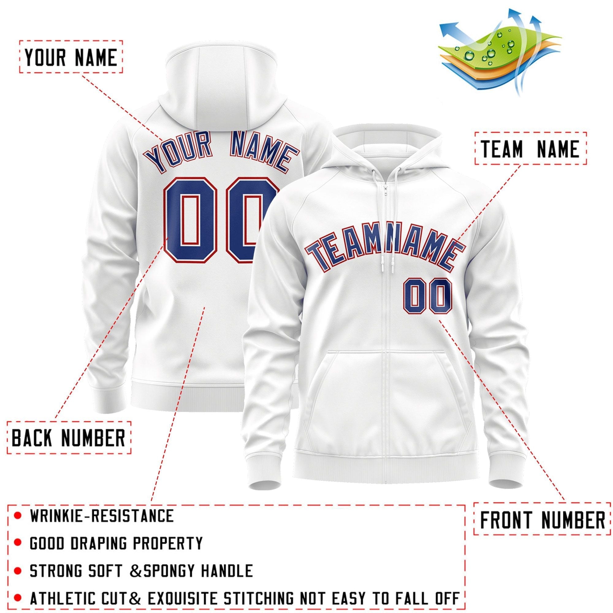 Custom Stitched White Royal-Red Sports Full-Zip Sweatshirt Hoodie| KXKSHOP