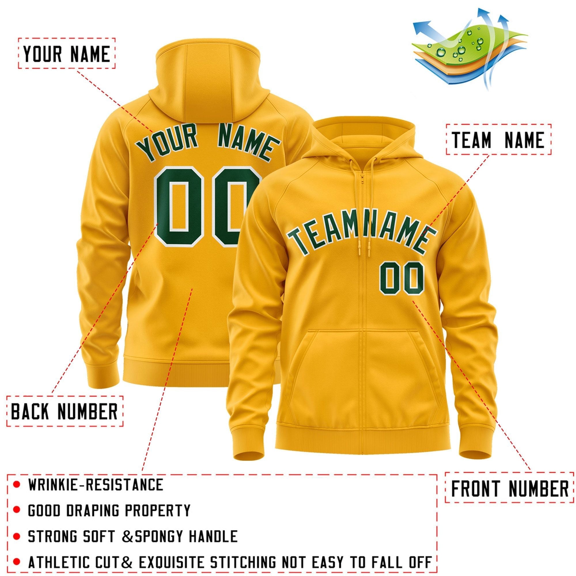 Custom Stitched Gold Kelly Green-White Sports Full-Zip Sweatshirt Hoodie| KXKSHOP
