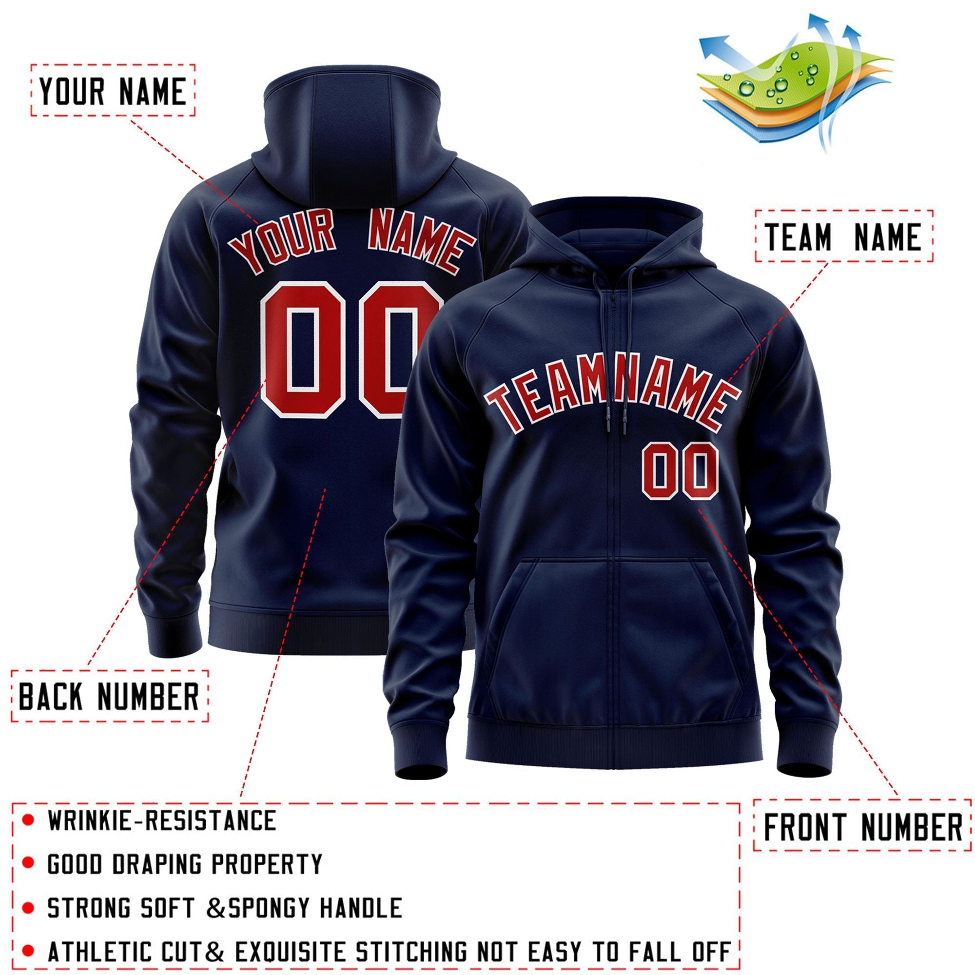 Custom Stitched Navy Red-White Sports Full-Zip Sweatshirt Hoodie| KXKSHOP