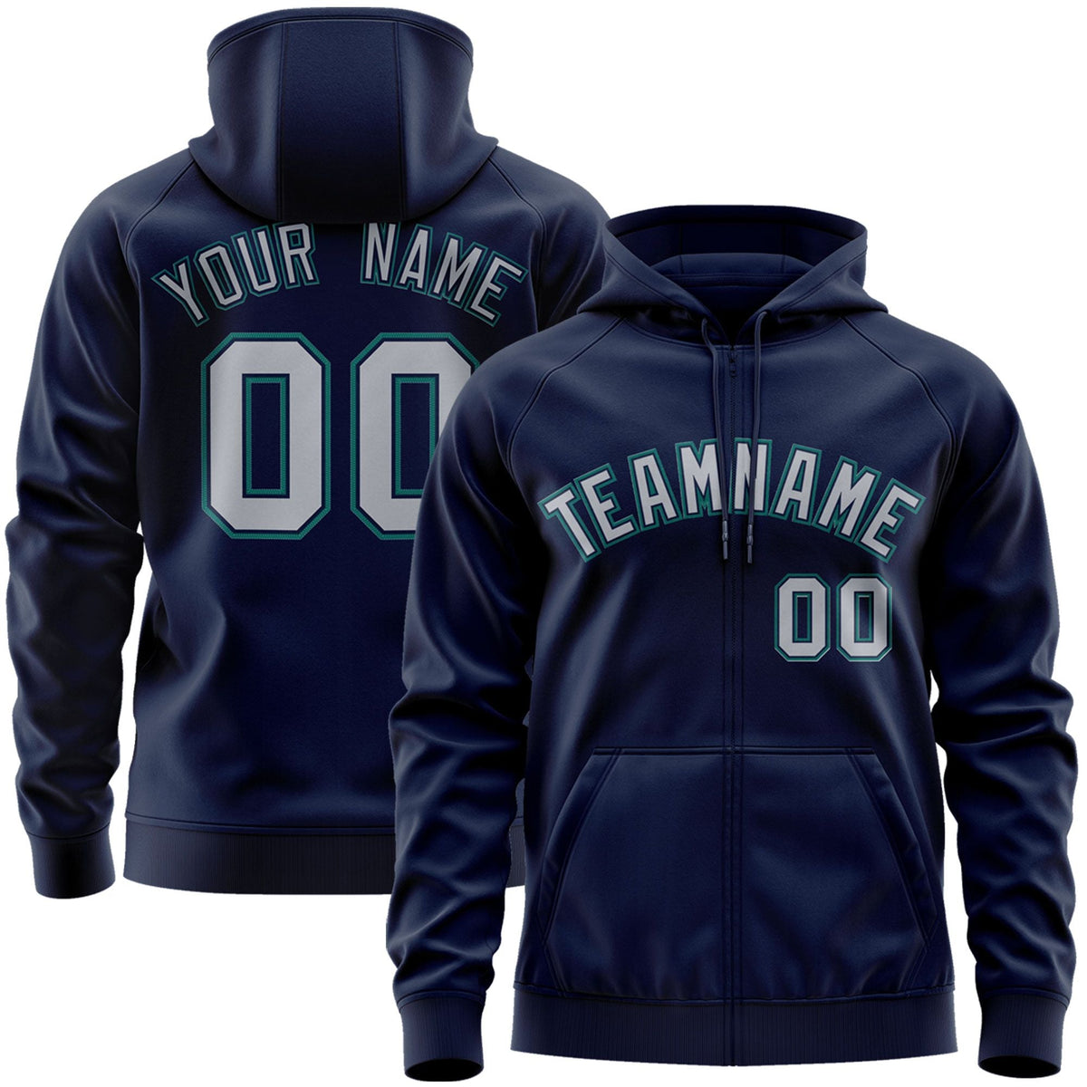 Custom Stitched Navy Gray-Aqua Sports Full-Zip Sweatshirt Hoodie| KXKSHOP