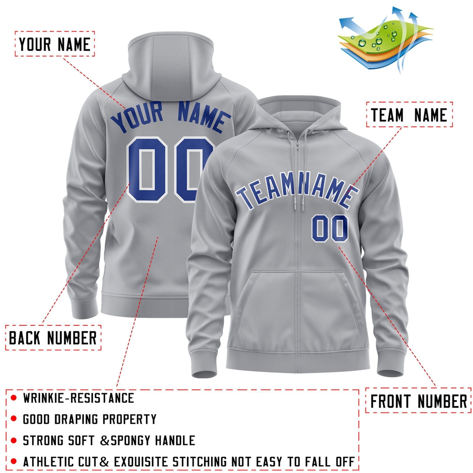 Custom Stitched Gray Royal-White Sports Full-Zip Sweatshirt Hoodie| KXKSHOP