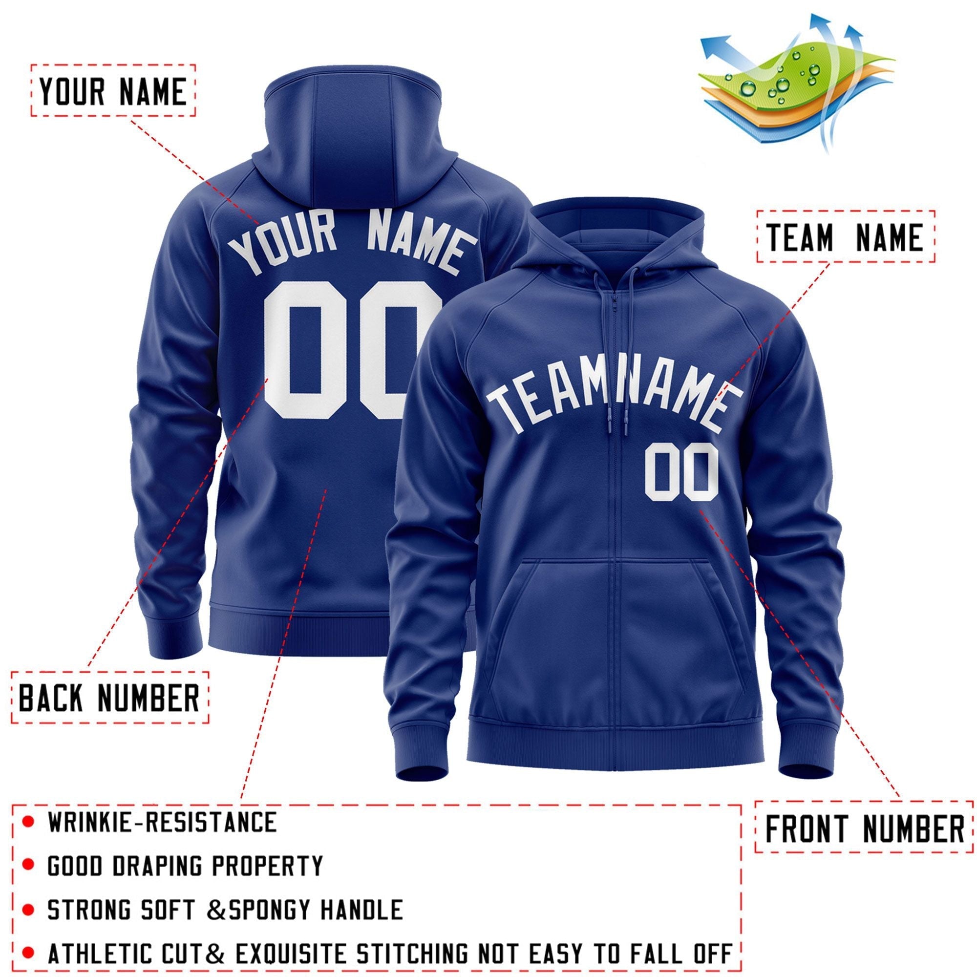 Custom Stitched Royal White Sports Full-Zip Sweatshirt Hoodie| KXKSHOP