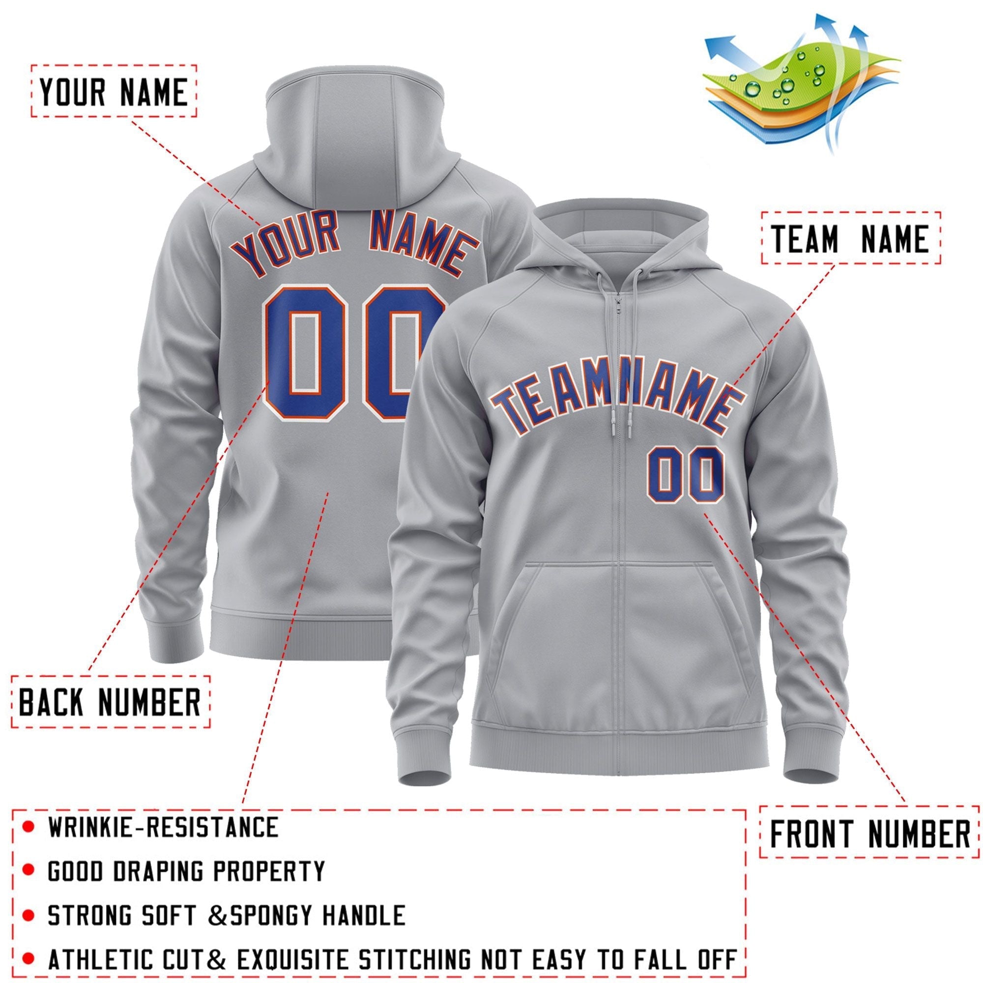 Custom Stitched Gray Royal-White Sports Full-Zip Sweatshirt Hoodie| KXKSHOP