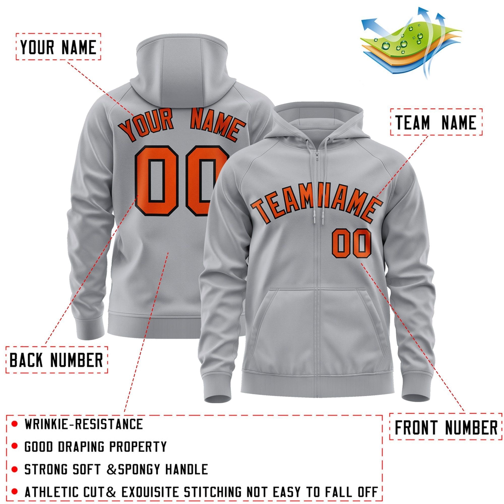 Custom Stitched Gray Orange-Black Sports Full-Zip Sweatshirt Hoodie| KXKSHOP