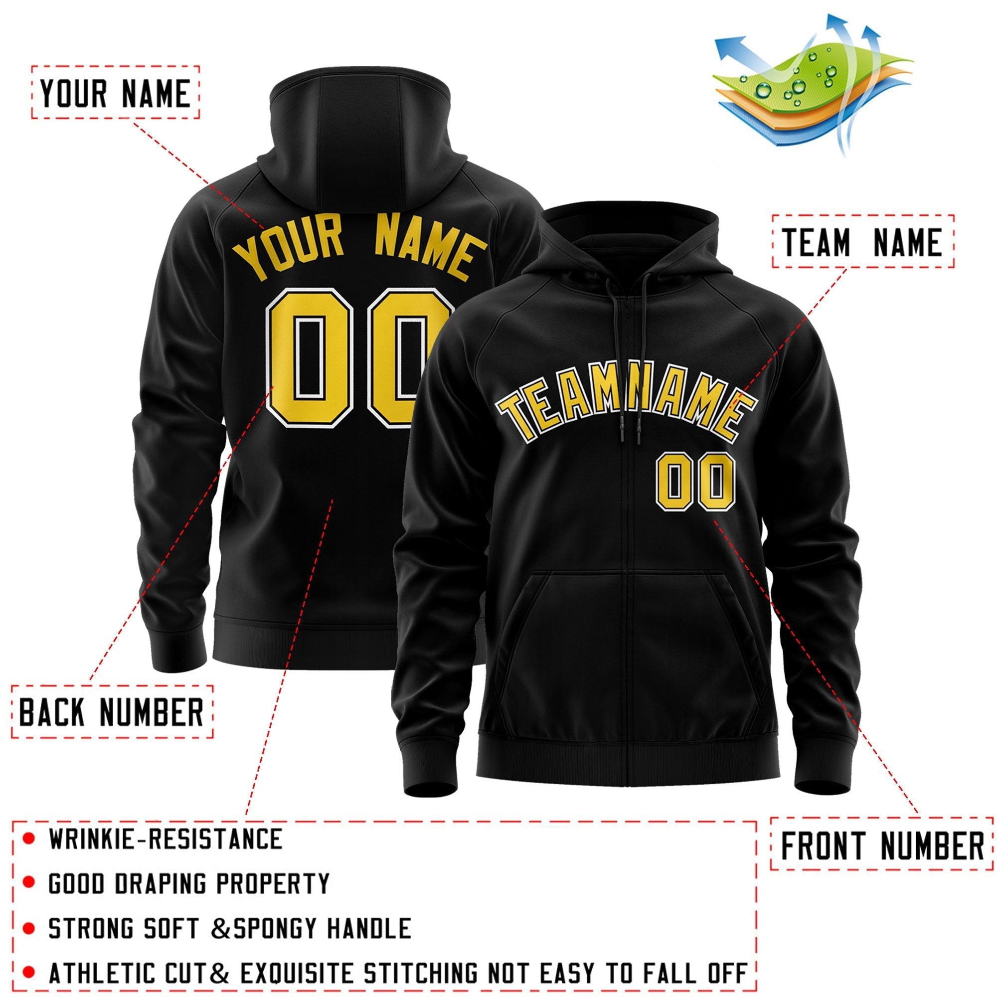 Custom Stitched Black Gold-White Sports Full-Zip Sweatshirt Hoodie| KXKSHOP