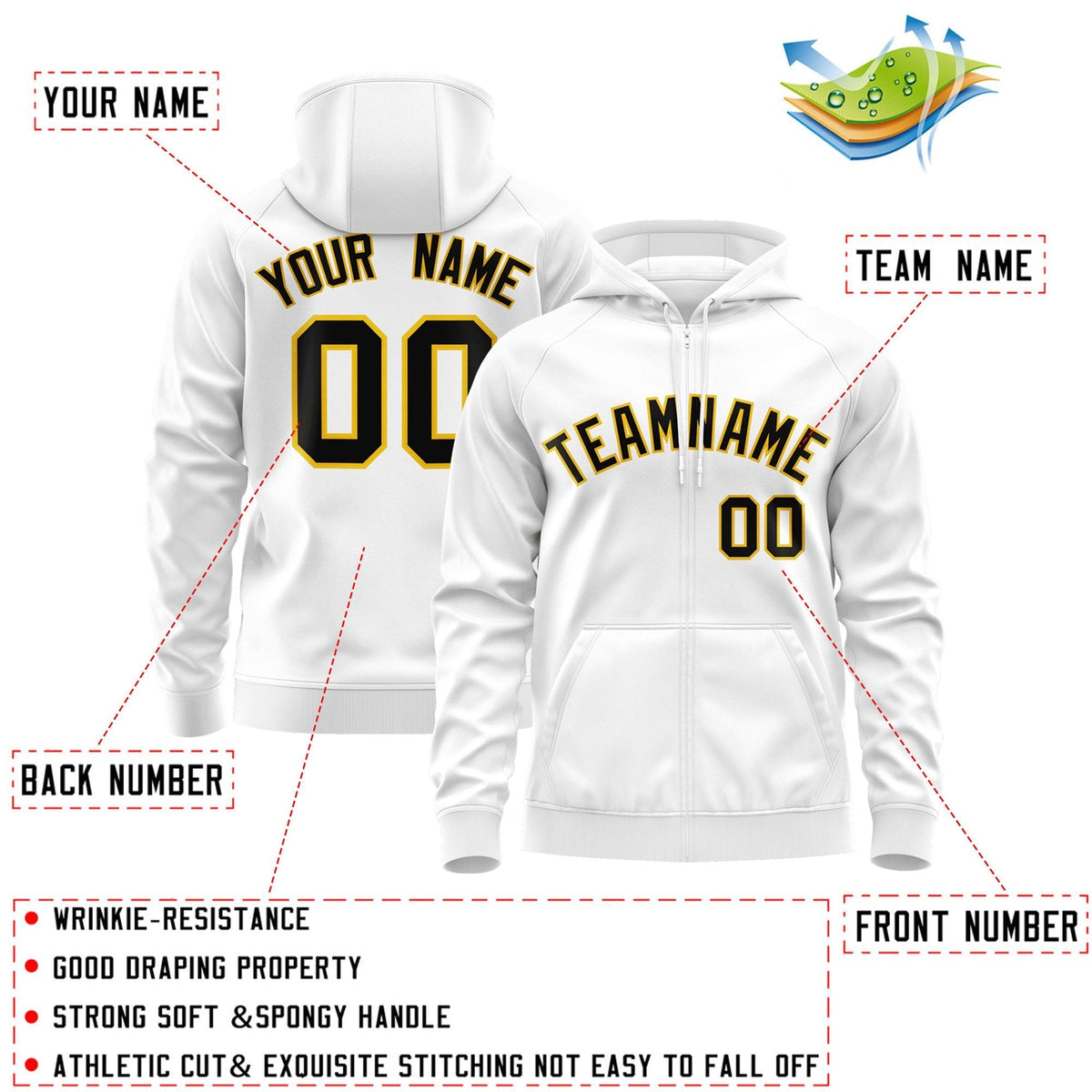 Custom Stitched White Black-Gold Sports Full-Zip Sweatshirt Hoodie| KXKSHOP