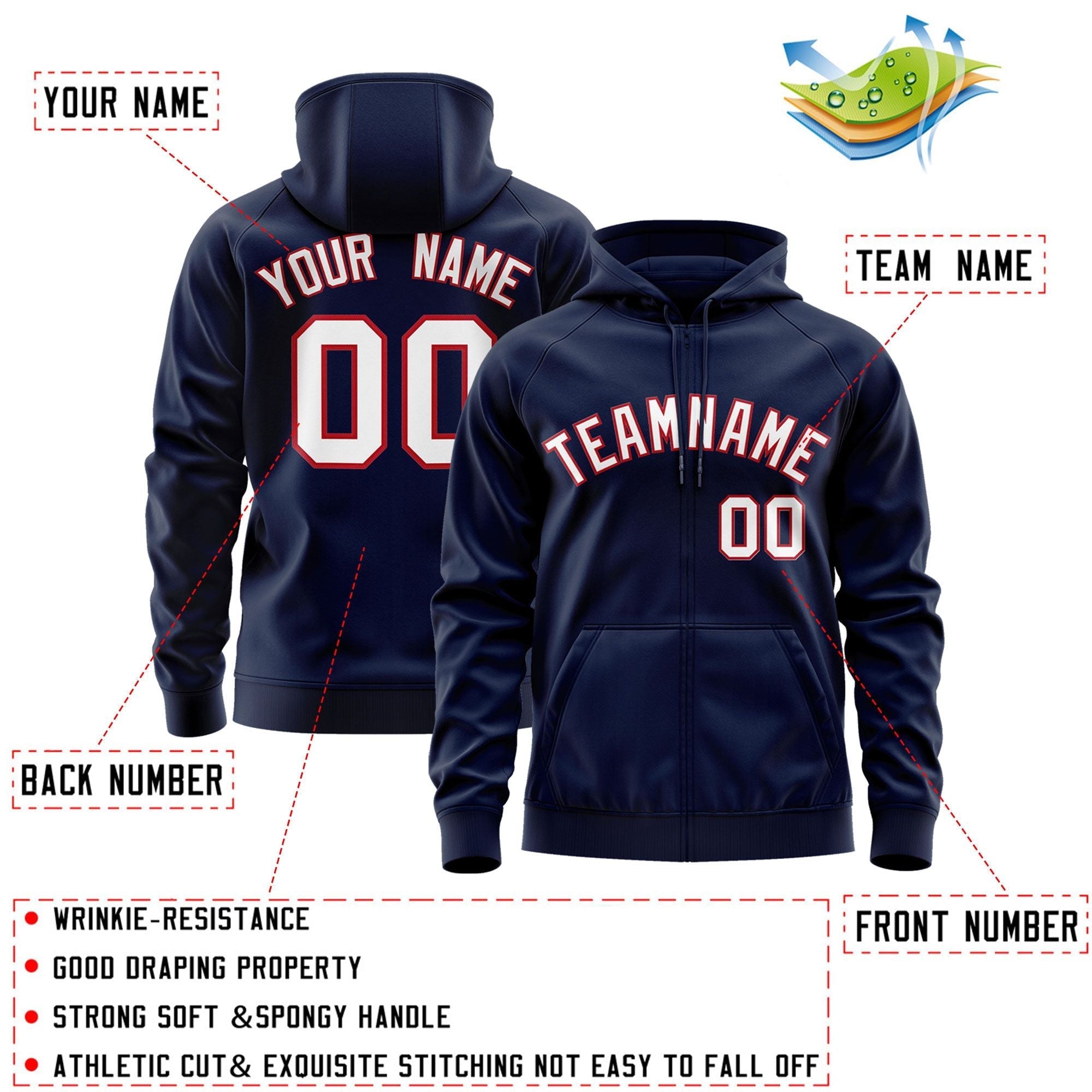 Custom Stitched Navy White-Red Sports Full-Zip Sweatshirt Hoodie| KXKSHOP