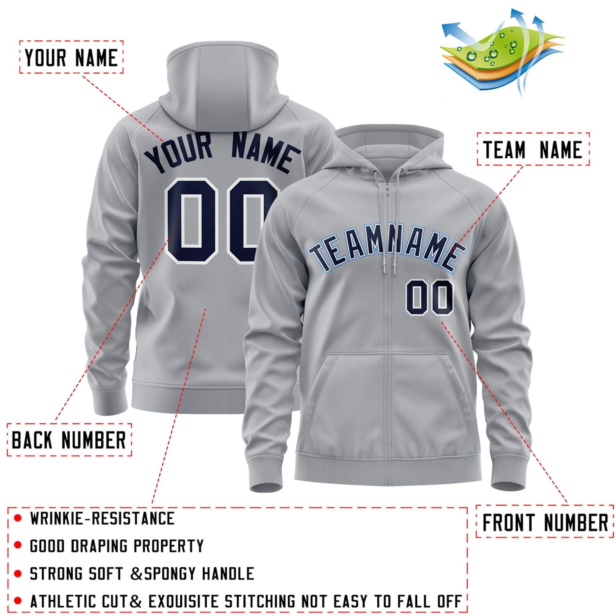 Custom Stitched Gray Navy-Light Blue Sports Full-Zip Sweatshirt Hoodie| KXKSHOP
