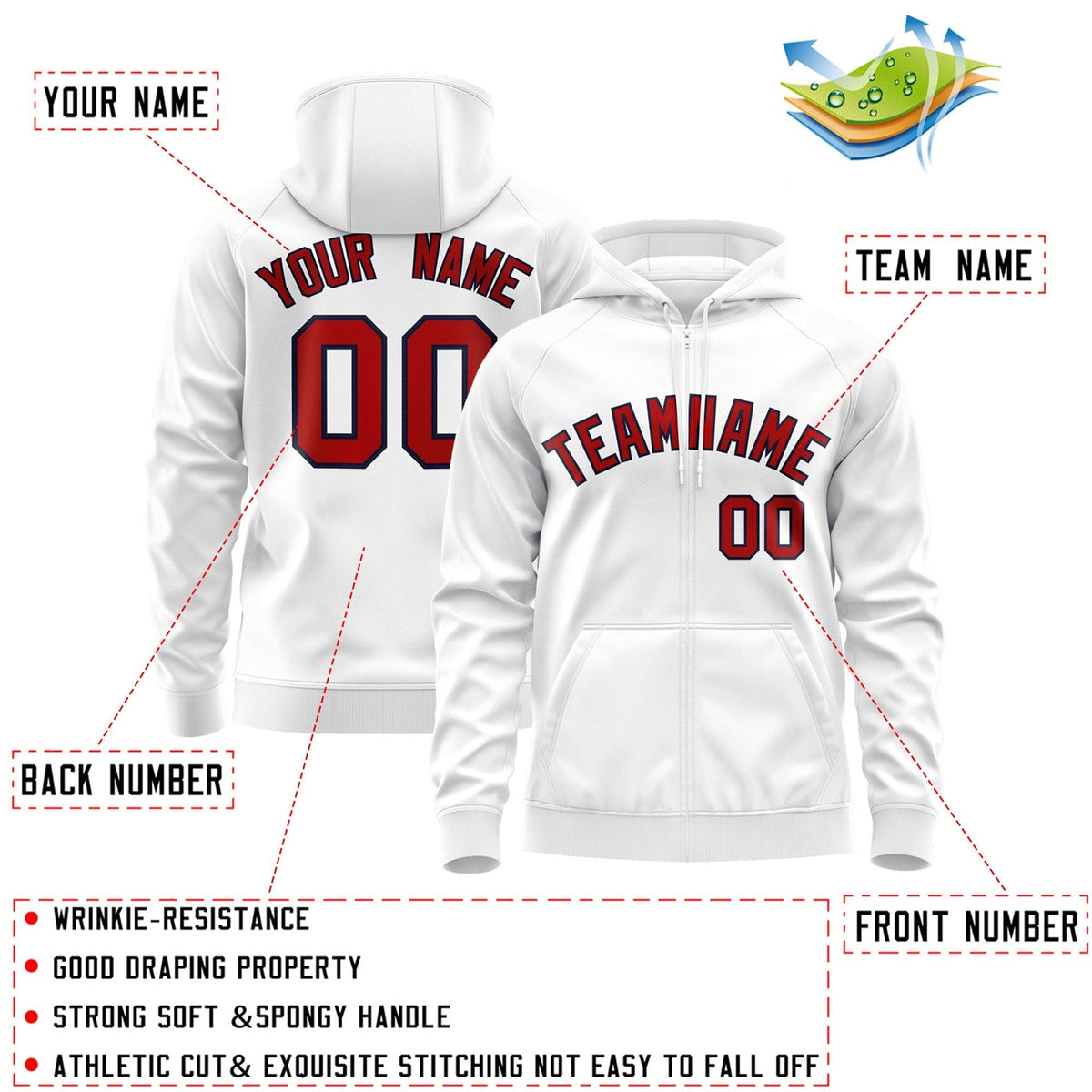 Custom Stitched White Red-Navy Sports Full-Zip Sweatshirt Hoodie| KXKSHOP