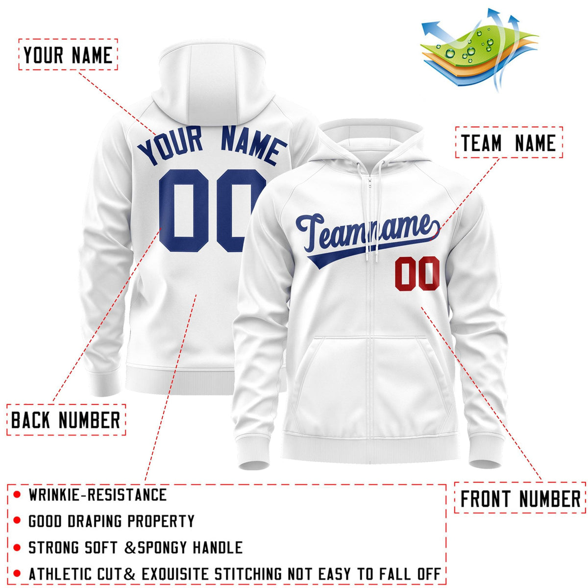 Custom Stitched White Royal Sports Full-Zip Sweatshirt Hoodie| KXKSHOP