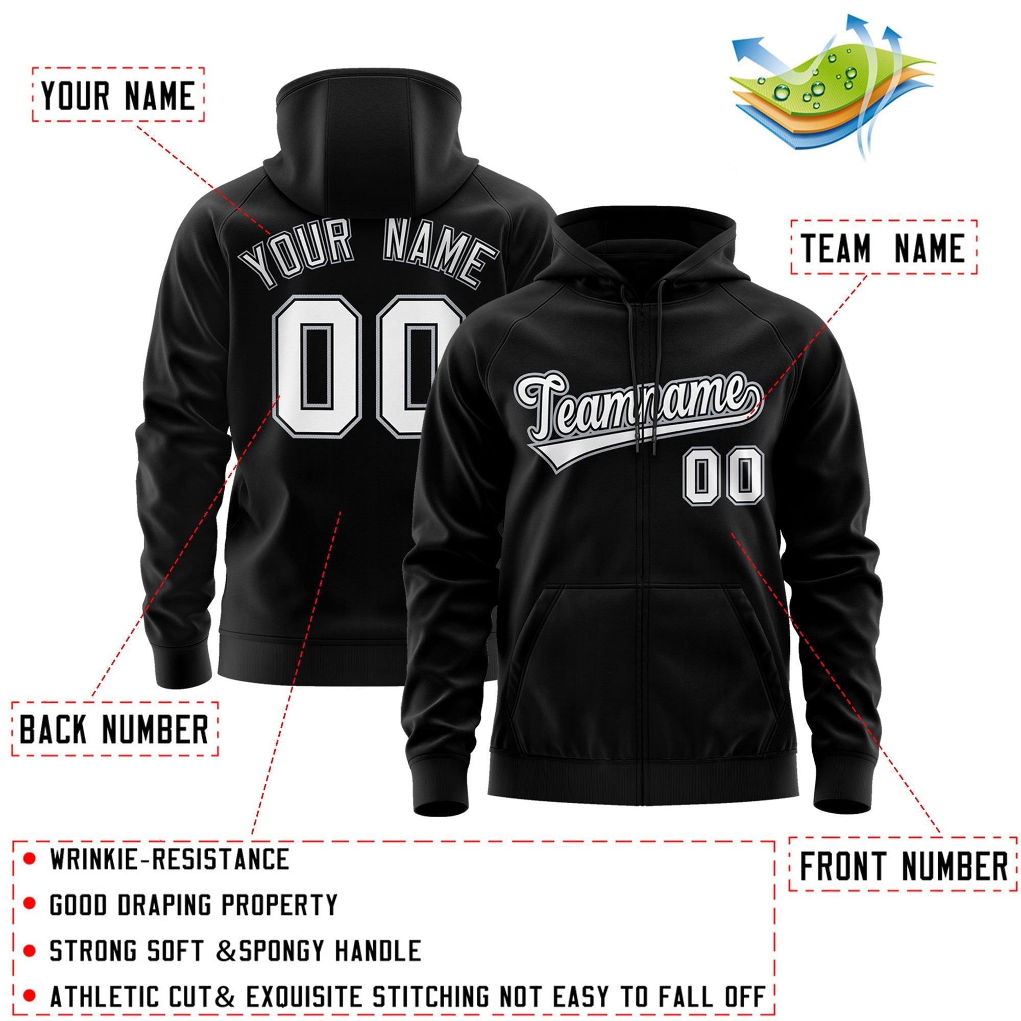 Custom Stitched Black White Sports Full-Zip Sweatshirt Hoodie| KXKSHOP