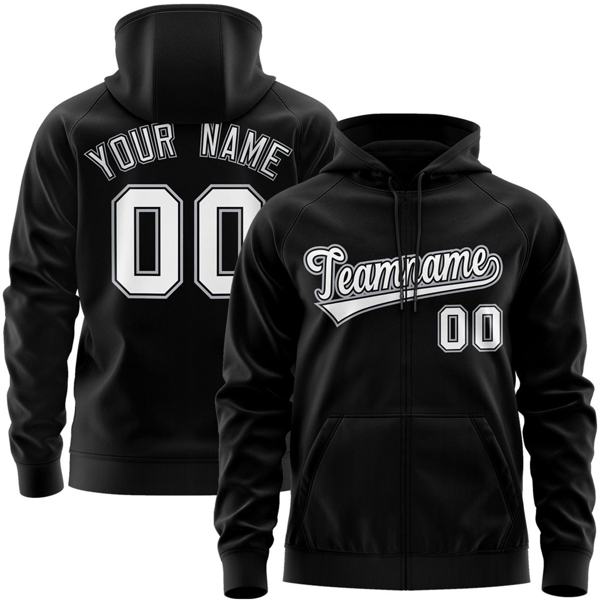 Custom Stitched Black White Sports Full-Zip Sweatshirt Hoodie| KXKSHOP
