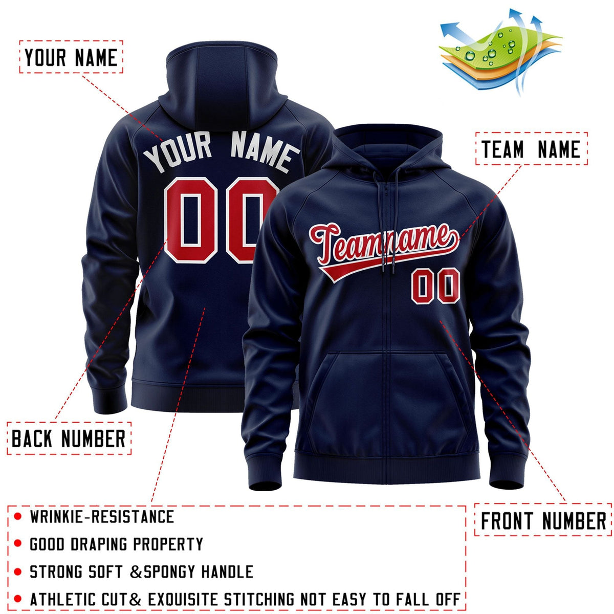 Custom Stitched Navy Red-White Sports Full-Zip Sweatshirt Hoodie| KXKSHOP