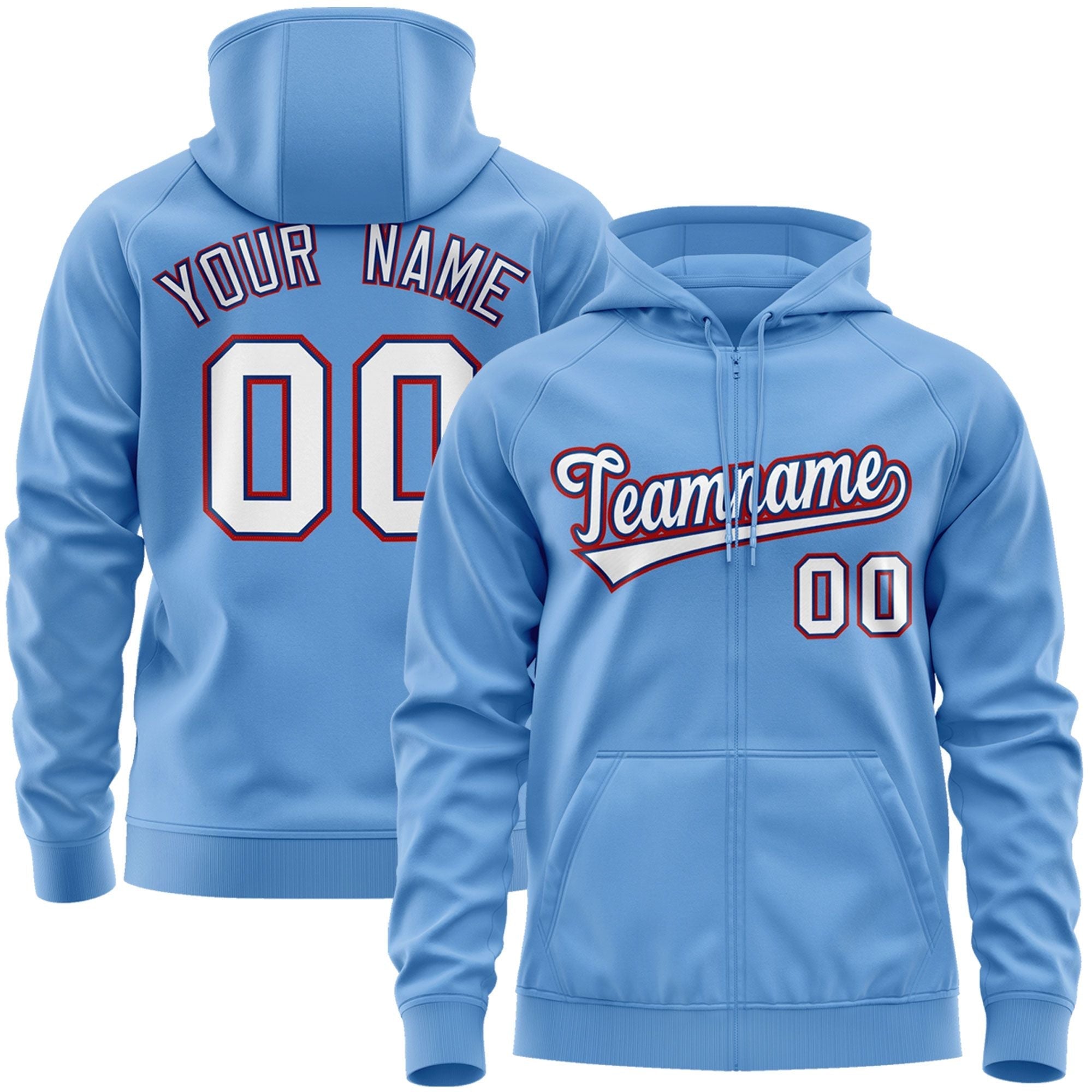 Custom Stitched Light Blue White-Red Sports Full-Zip Sweatshirt Hoodie| KXKSHOP