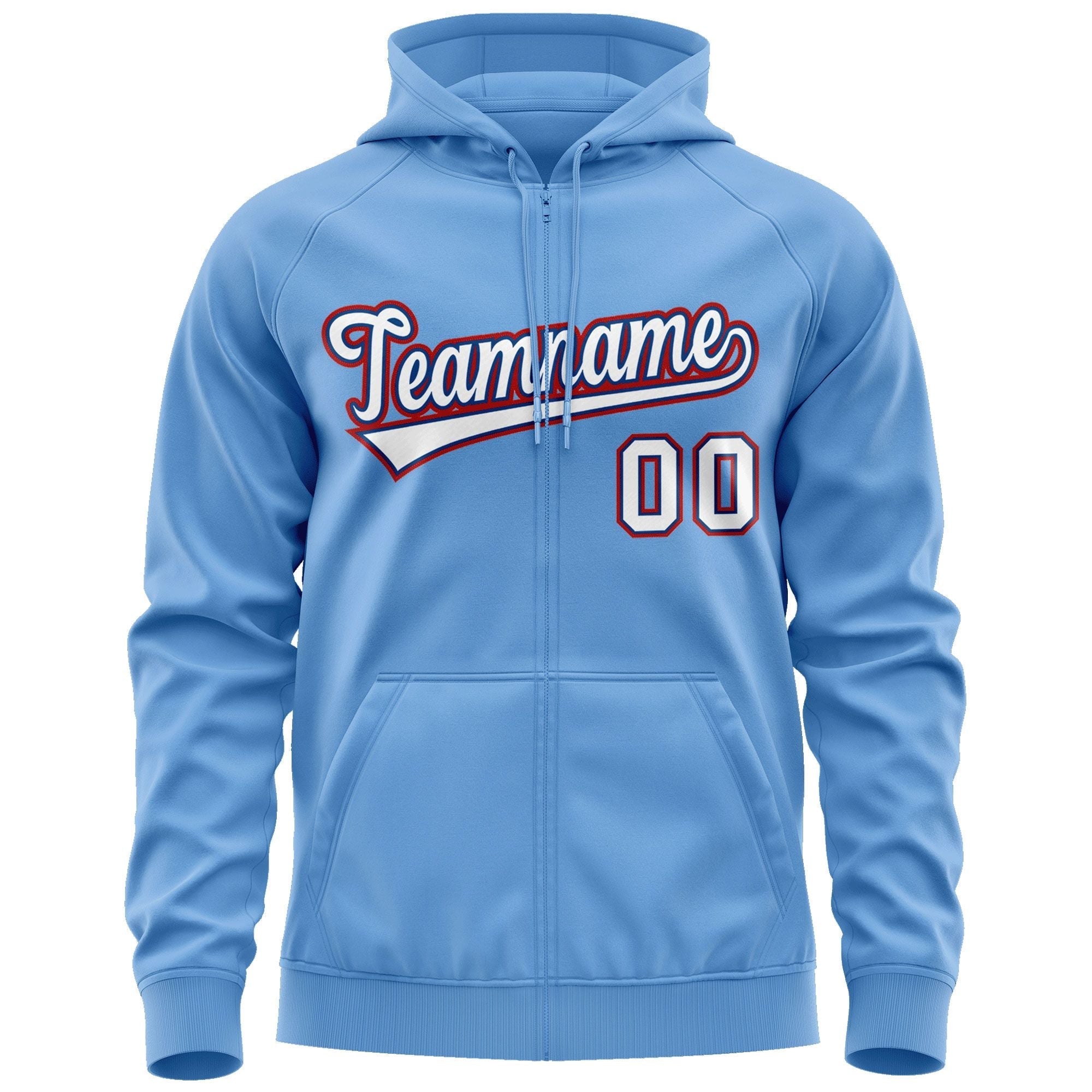 Custom Stitched Light Blue White-Red Sports Full-Zip Sweatshirt Hoodie| KXKSHOP
