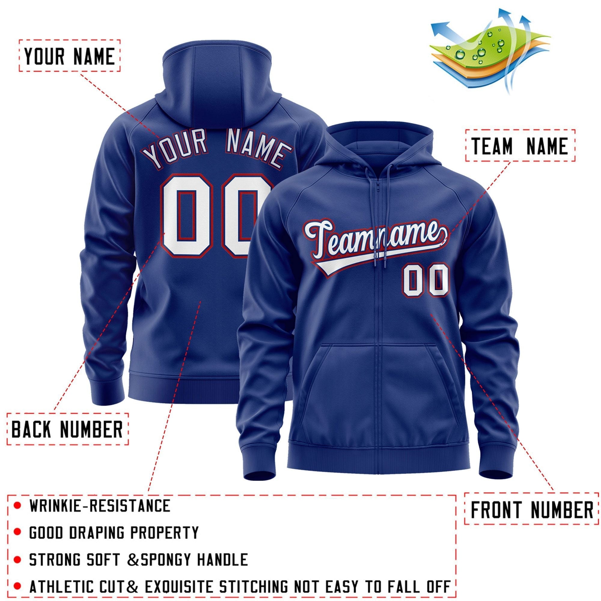 Custom Stitched Royal White-Red Sports Full-Zip Sweatshirt Hoodie| KXKSHOP