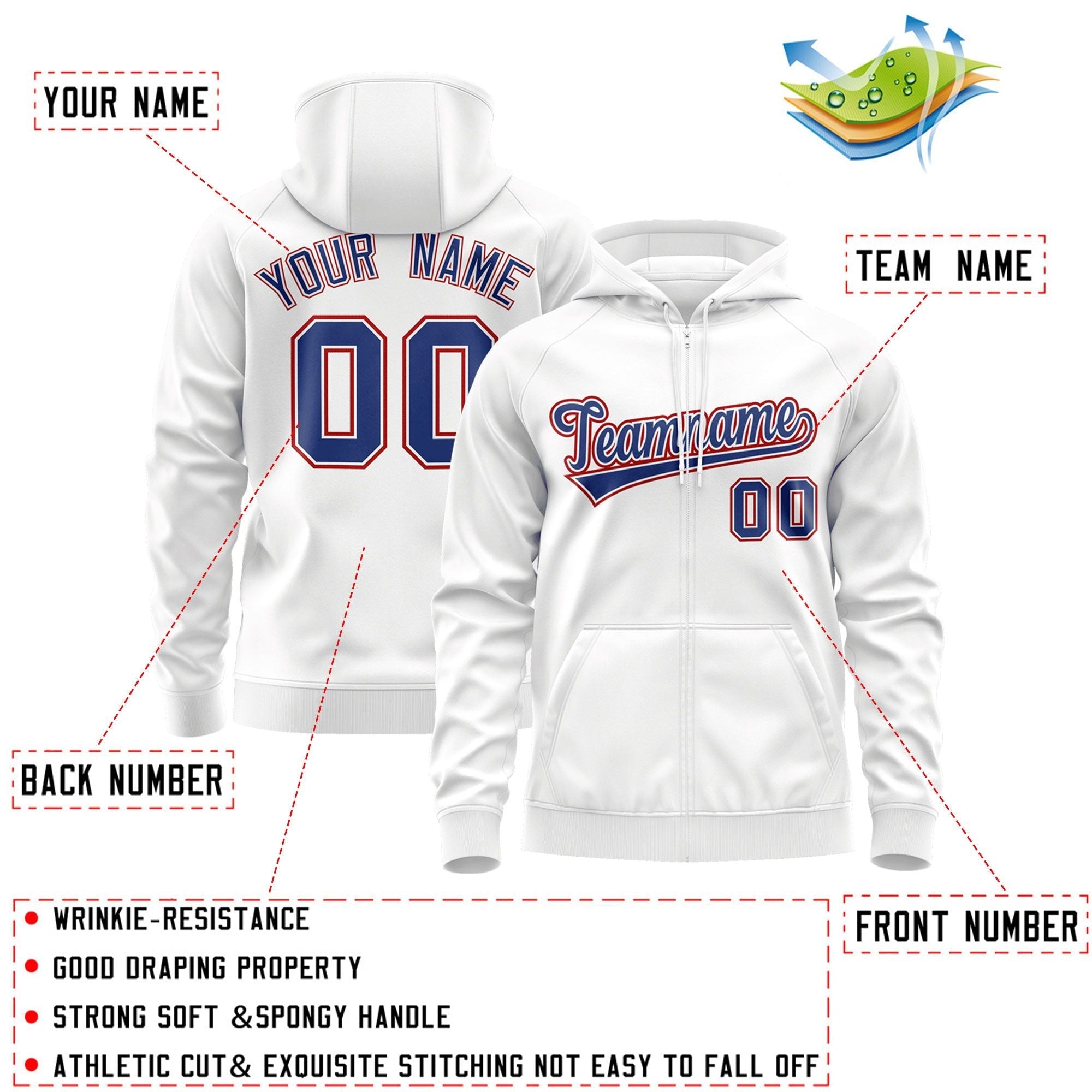 Custom Stitched White Royal-Red Sports Full-Zip Sweatshirt Hoodie| KXKSHOP