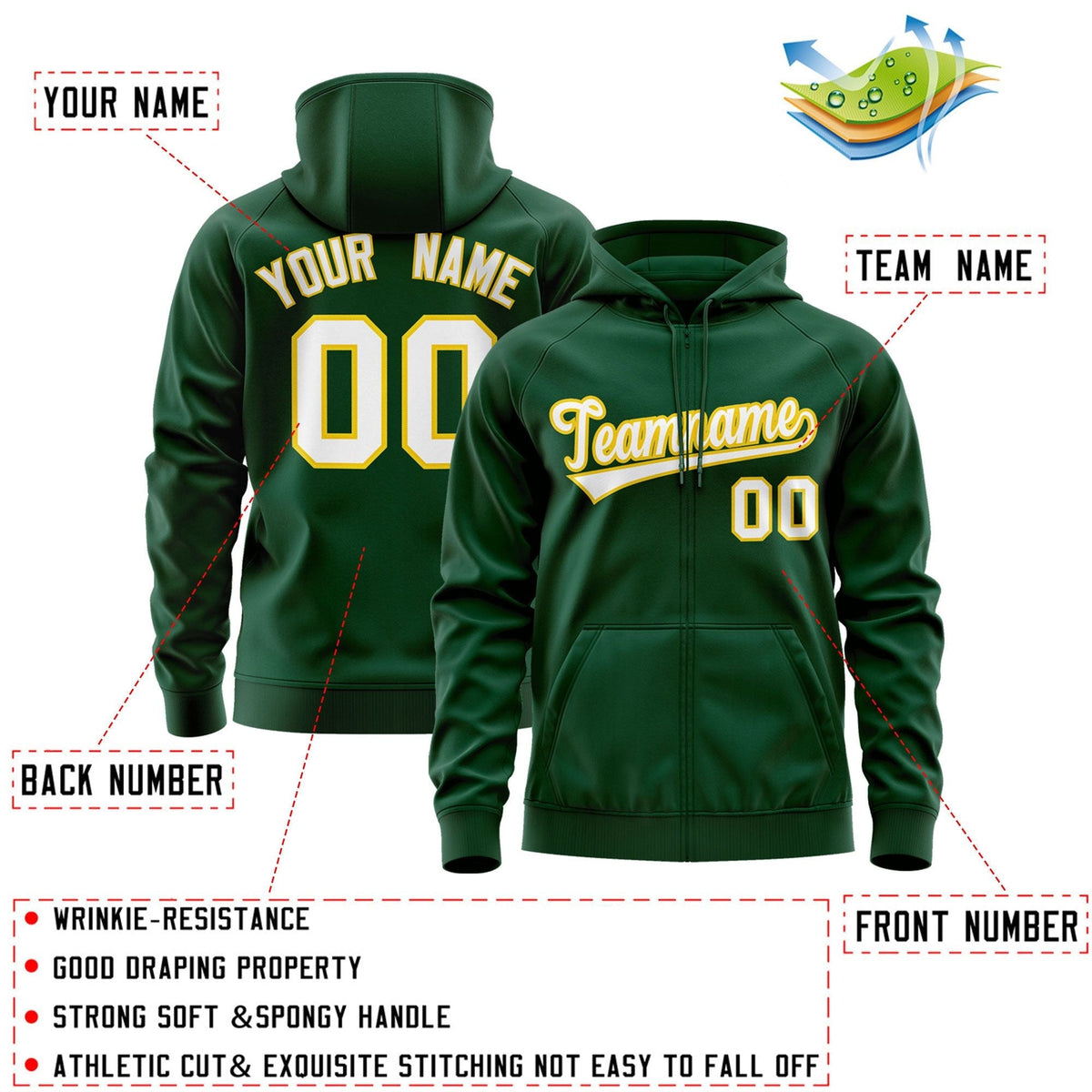 Custom Stitched Green White-Gold Sports Full-Zip Sweatshirt Hoodie| KXKSHOP