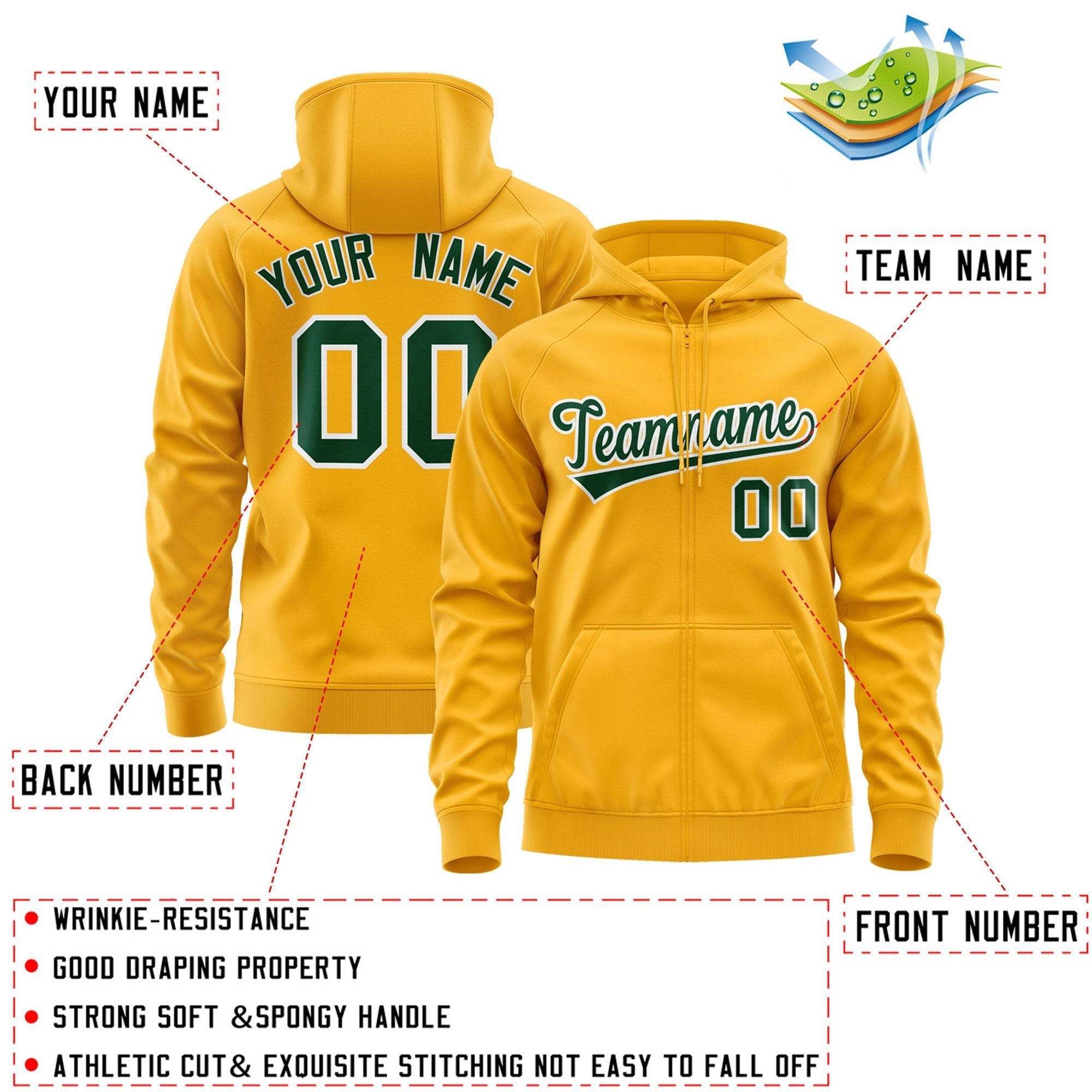 Custom Stitched Gold Kelly Green-White Sports Full-Zip Sweatshirt Hoodie| KXKSHOP