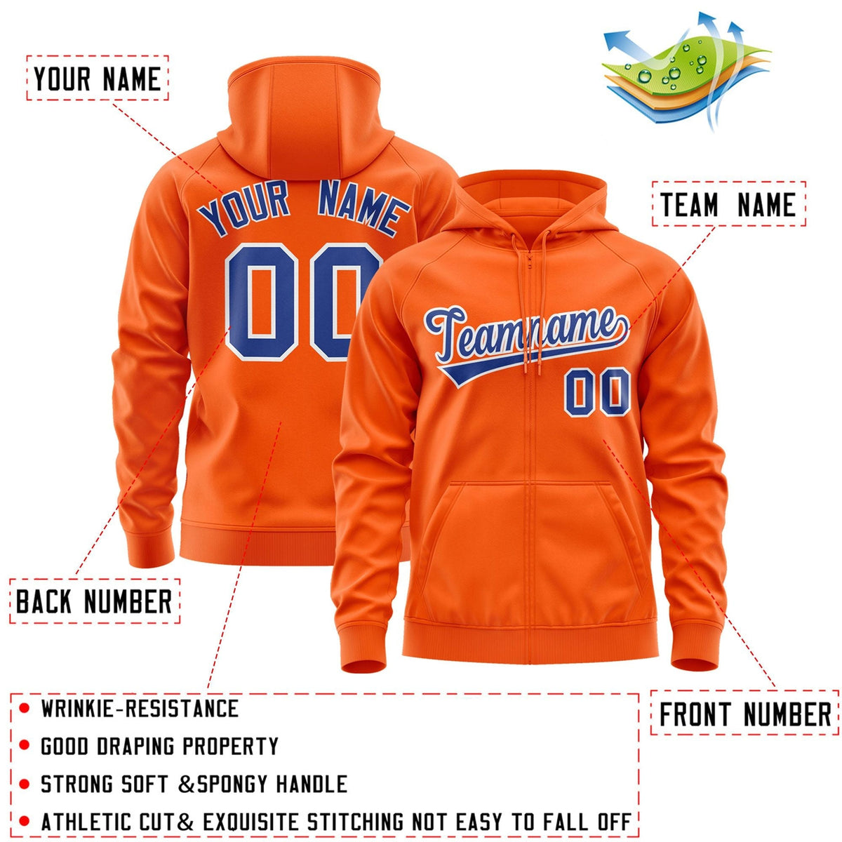Custom Stitched Orange Royal-White Sports Full-Zip Sweatshirt Hoodie| KXKSHOP
