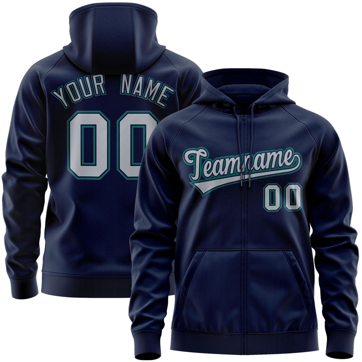 Custom Stitched Navy Gray-Aqua Sports Full-Zip Sweatshirt Hoodie| KXKSHOP