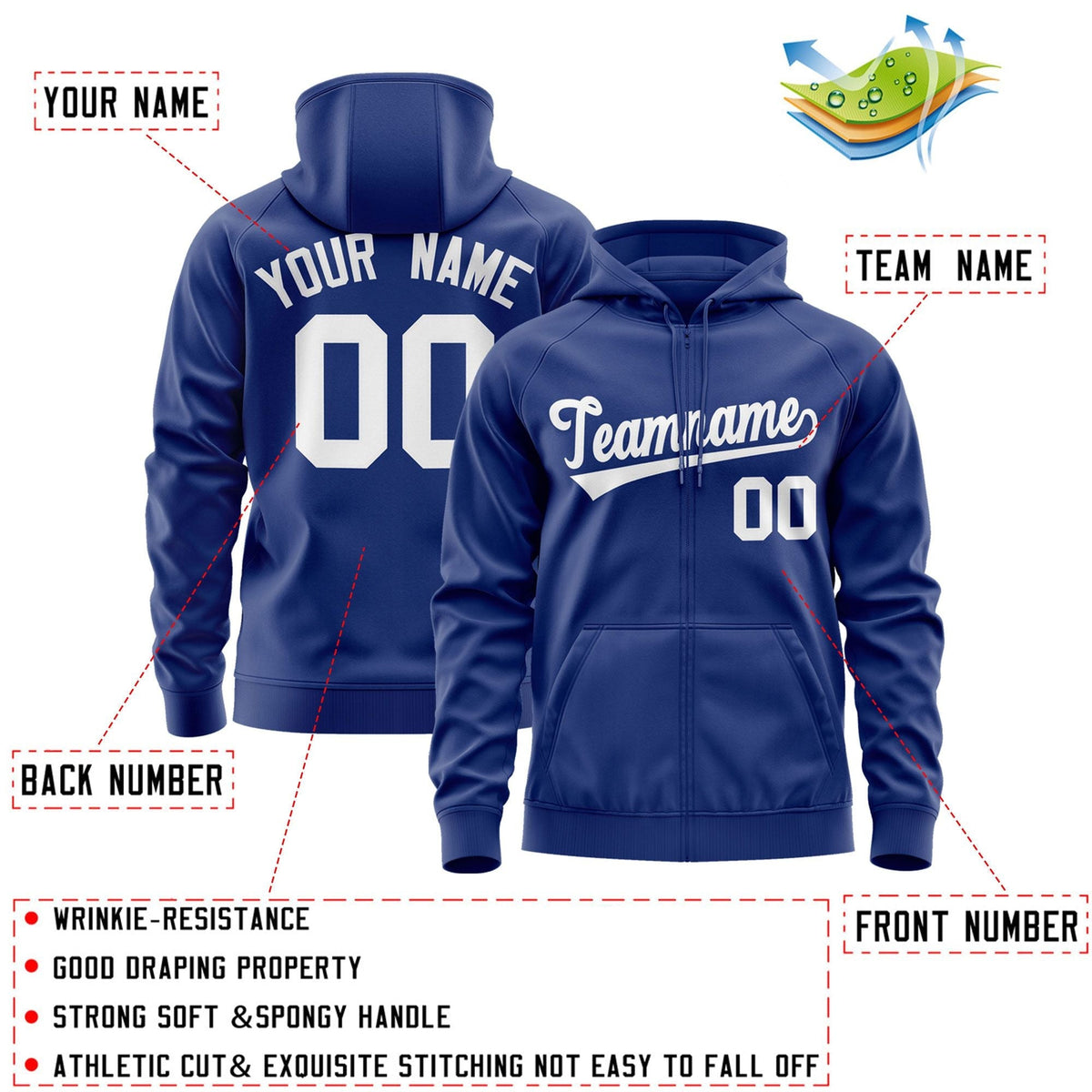 Custom Stitched Royal White Sports Full-Zip Sweatshirt Hoodie| KXKSHOP