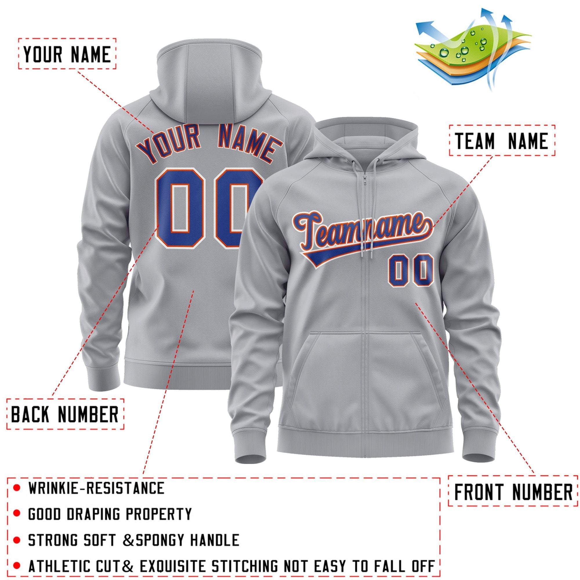 Custom Stitched Gray Royal-White Sports Full-Zip Sweatshirt Hoodie| KXKSHOP