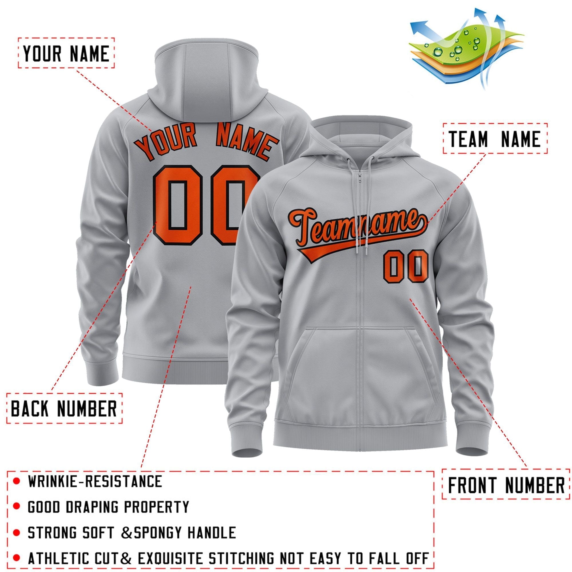 Custom Stitched Gray Orange-Black Sports Full-Zip Sweatshirt Hoodie| KXKSHOP