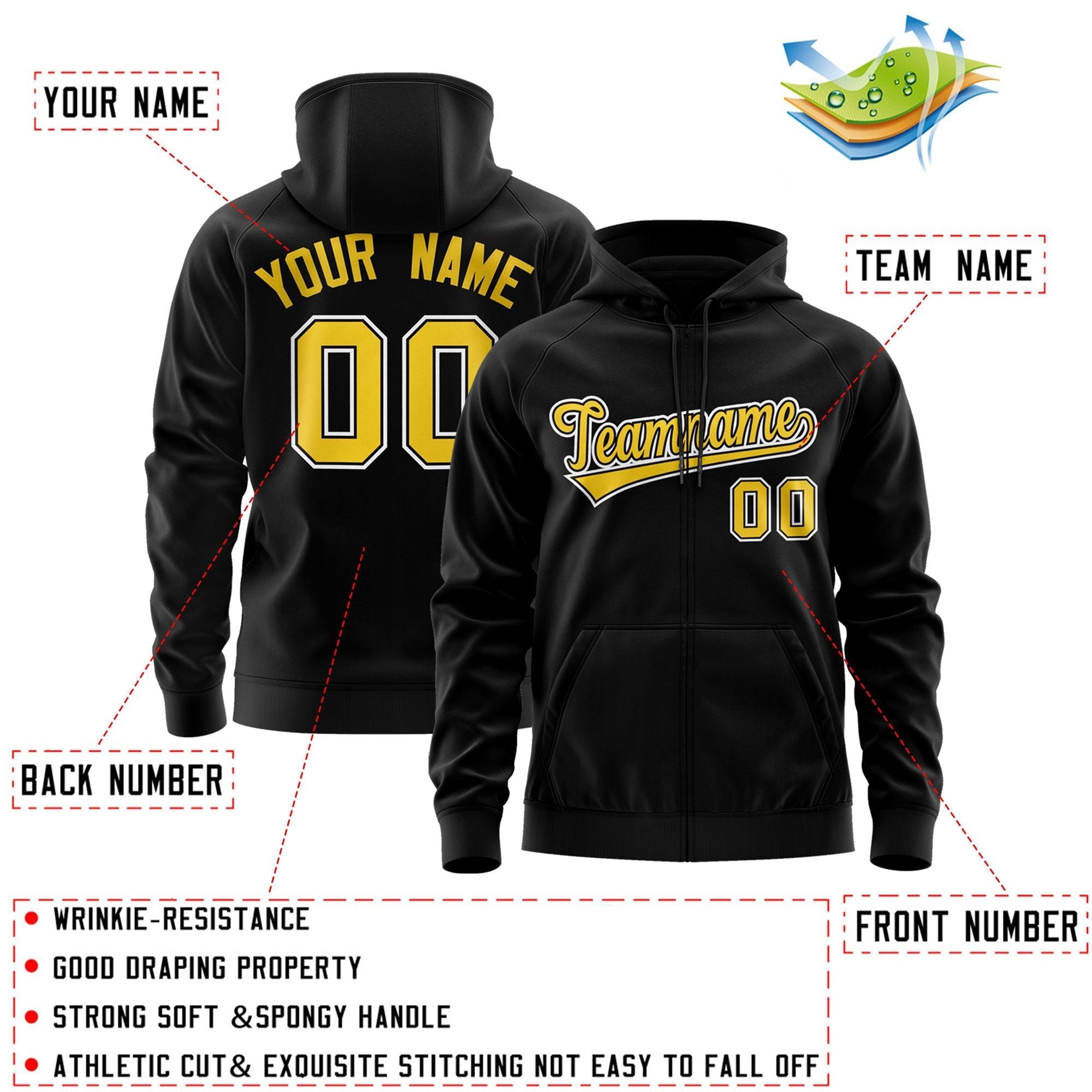 Custom Stitched Black Gold-White Sports Full-Zip Sweatshirt Hoodie| KXKSHOP