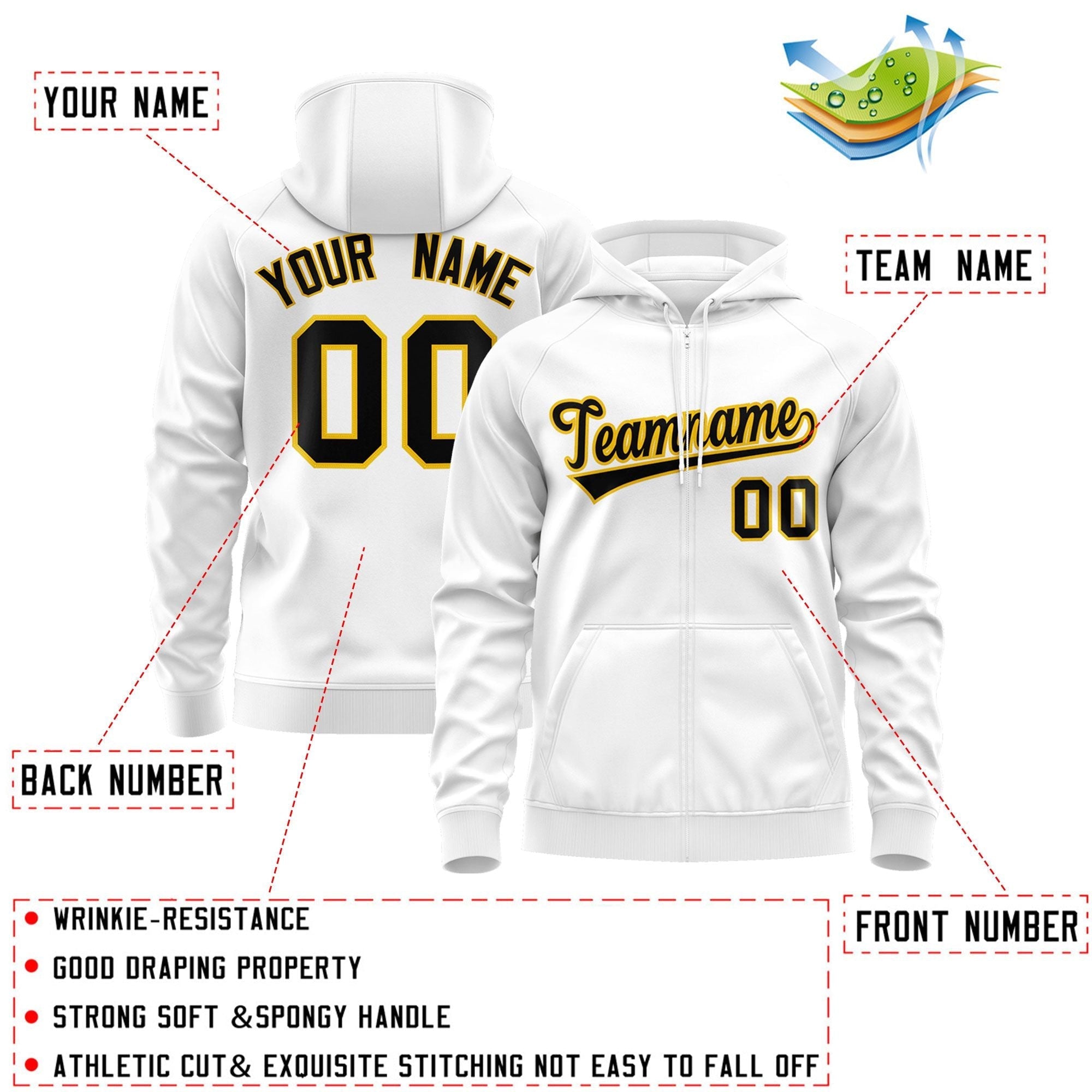 Custom Stitched White Black-Gold Sports Full-Zip Sweatshirt Hoodie| KXKSHOP