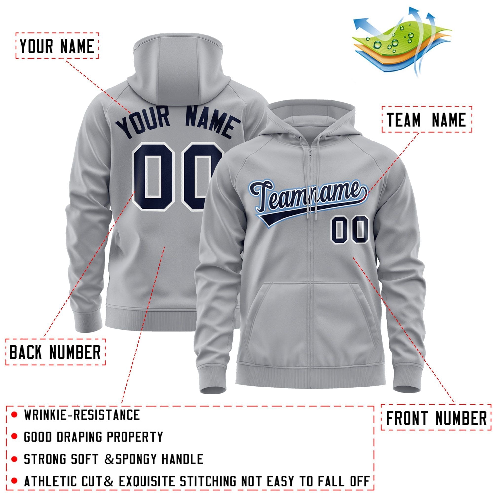 Custom Stitched Gray Navy-Light Blue Sports Full-Zip Sweatshirt Hoodie| KXKSHOP
