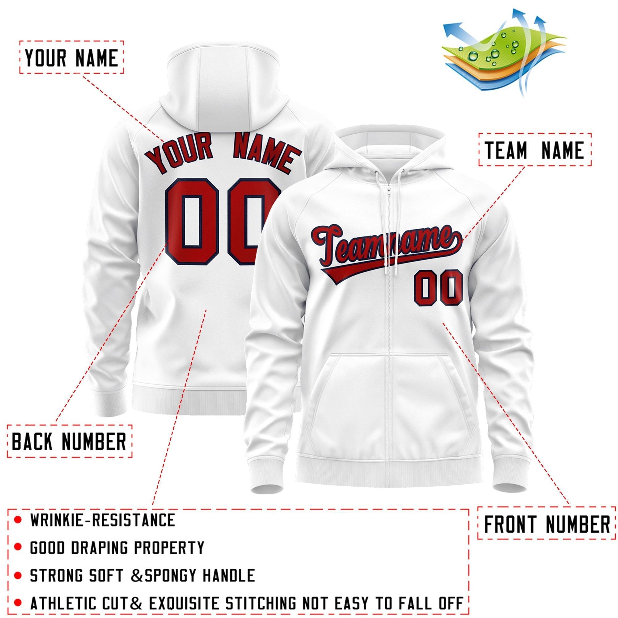 Custom Stitched White Red-Navy Sports Full-Zip Sweatshirt Hoodie| KXKSHOP