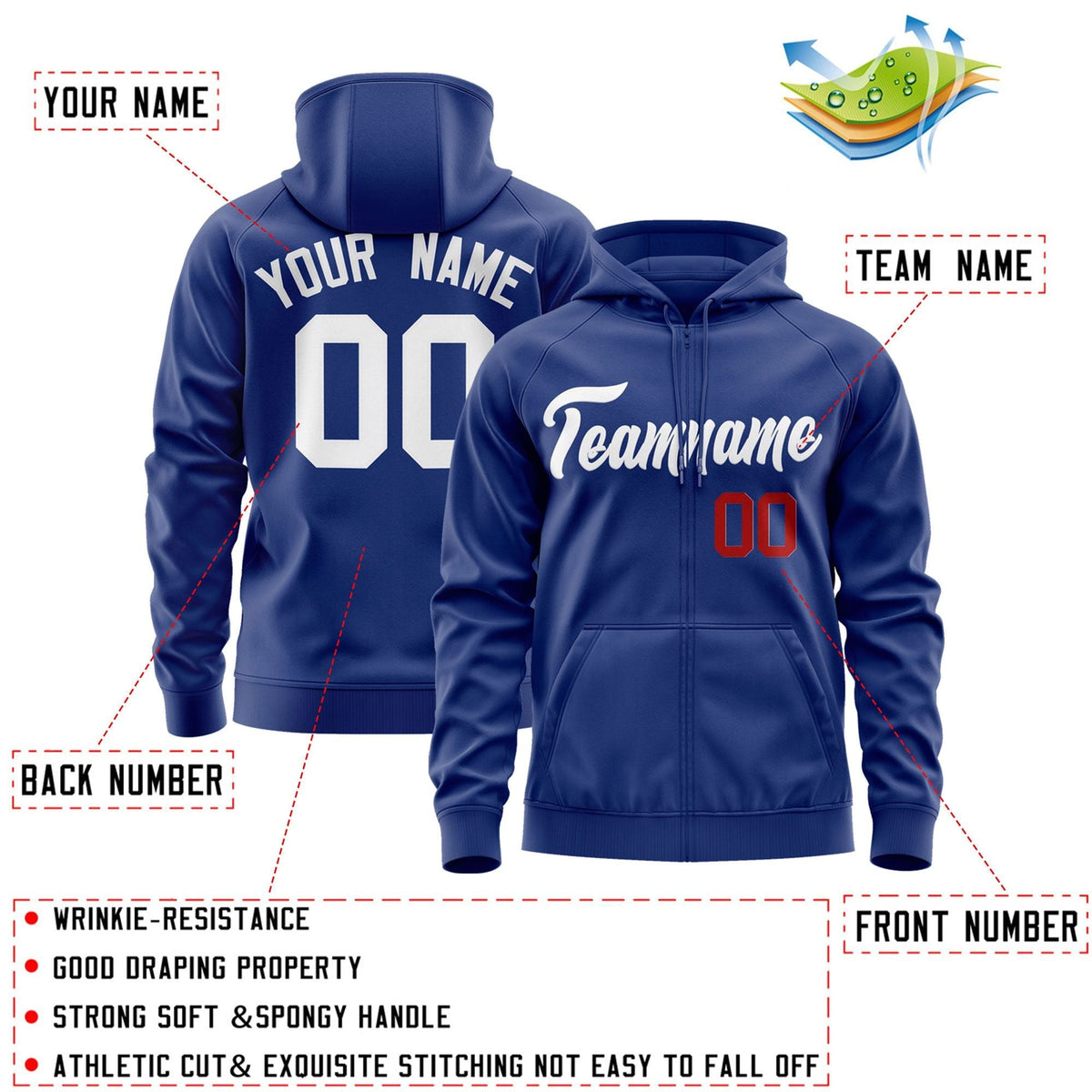 Custom Stitched Royal White Sports Full-Zip Sweatshirt Hoodie| KXKSHOP