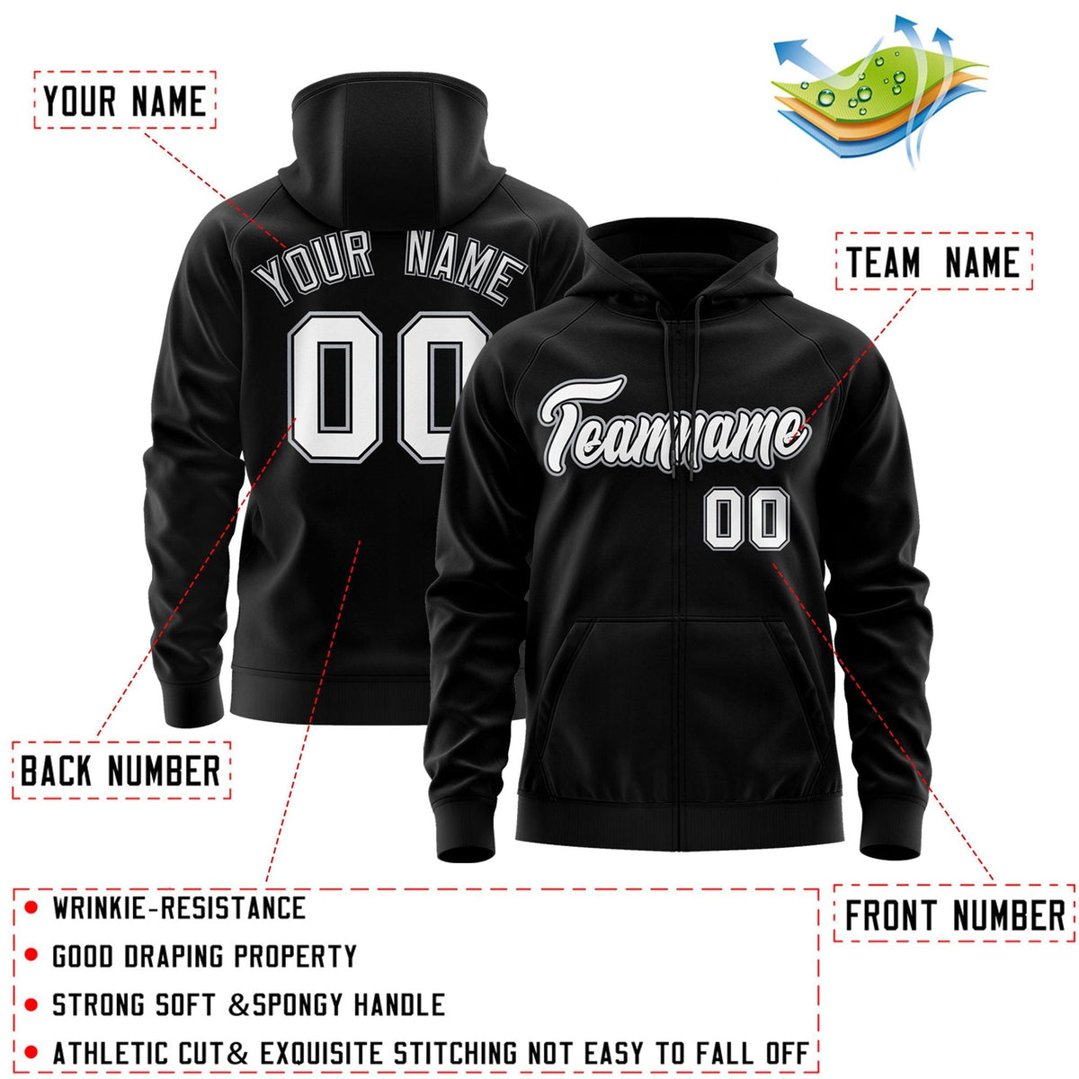 Custom Stitched Black White Sports Full-Zip Sweatshirt Hoodie| KXKSHOP