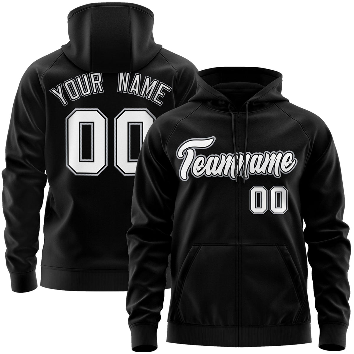 Custom Stitched Black White Sports Full-Zip Sweatshirt Hoodie| KXKSHOP
