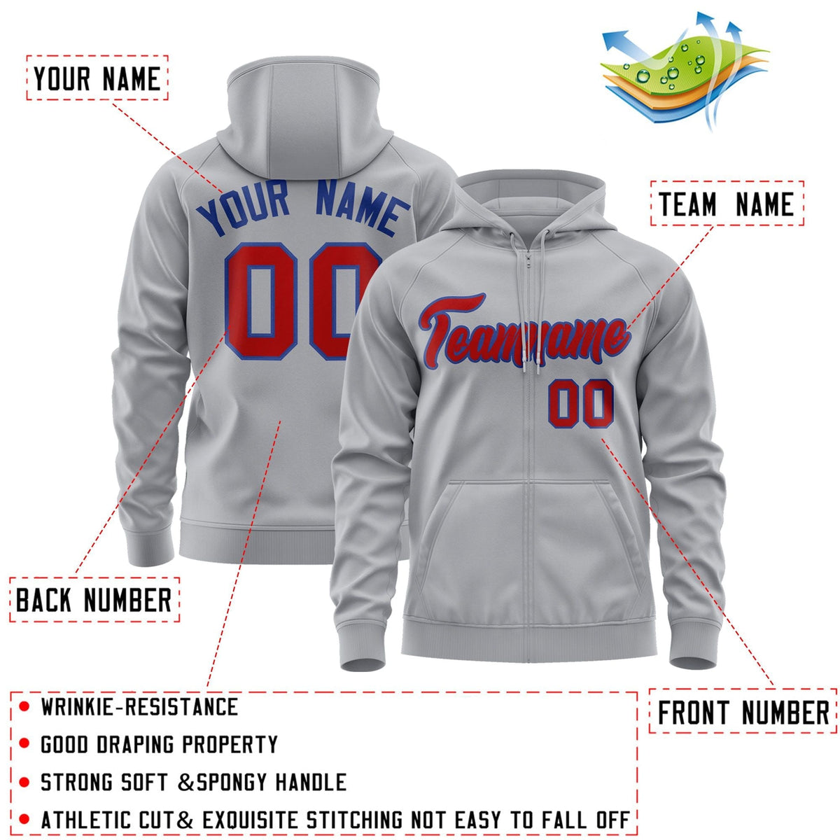 Custom Stitched Gray Red-Royal Sports Full-Zip Sweatshirt Hoodie| KXKSHOP