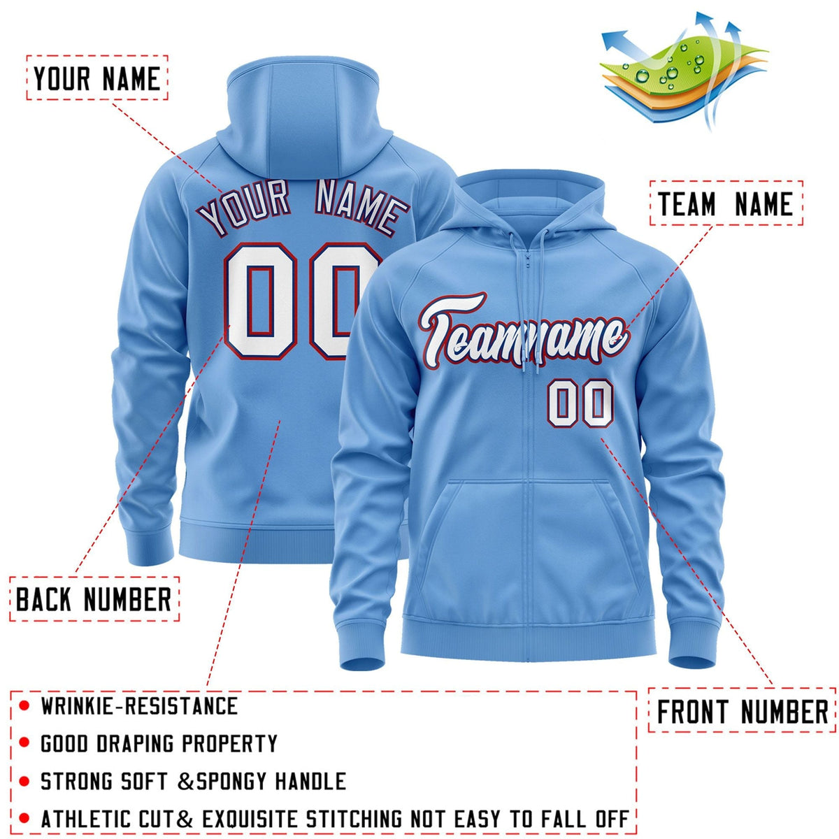 Custom Stitched Light Blue White-Red Sports Full-Zip Sweatshirt Hoodie| KXKSHOP