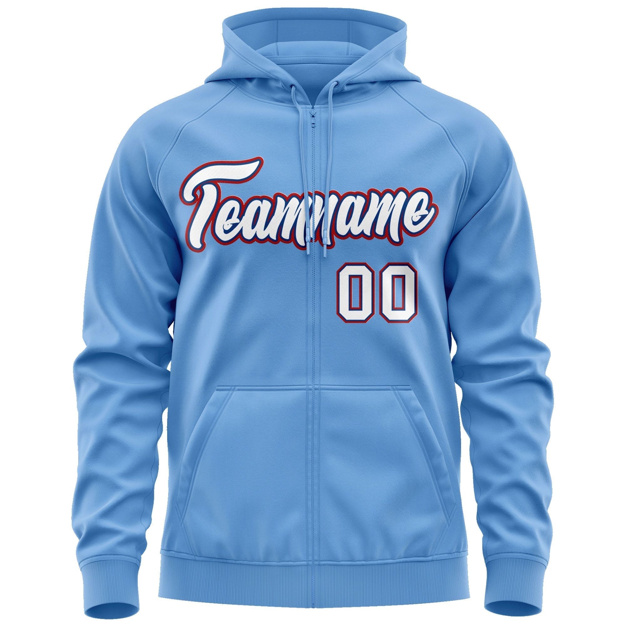 Custom Stitched Light Blue White-Red Sports Full-Zip Sweatshirt Hoodie| KXKSHOP
