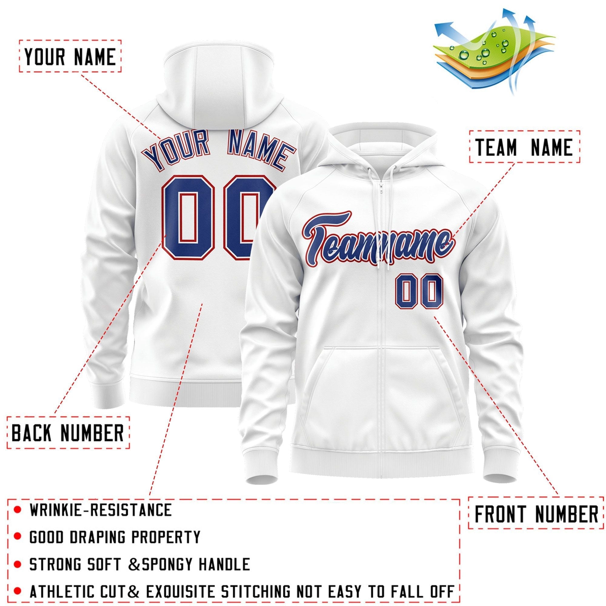 Custom Stitched White Royal-Red Sports Full-Zip Sweatshirt Hoodie| KXKSHOP