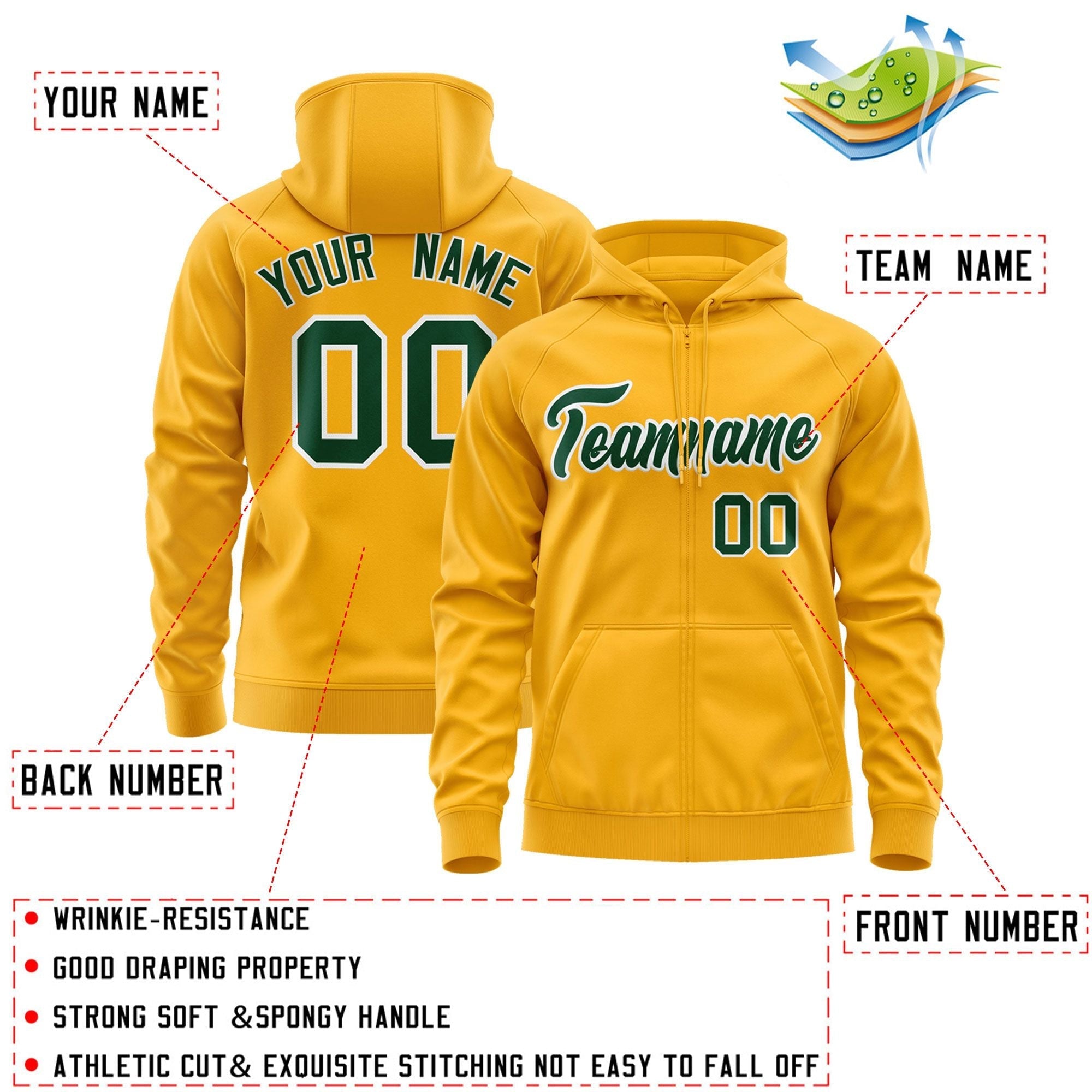 Custom Stitched Gold Kelly Green-White Sports Full-Zip Sweatshirt Hoodie| KXKSHOP