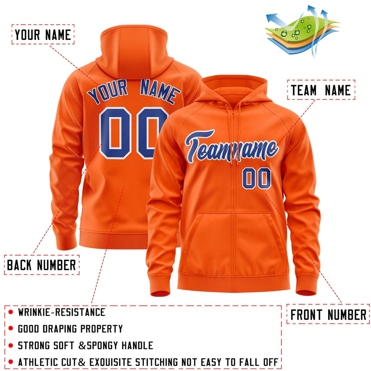 Custom Stitched Orange Royal-White Sports Full-Zip Sweatshirt Hoodie| KXKSHOP