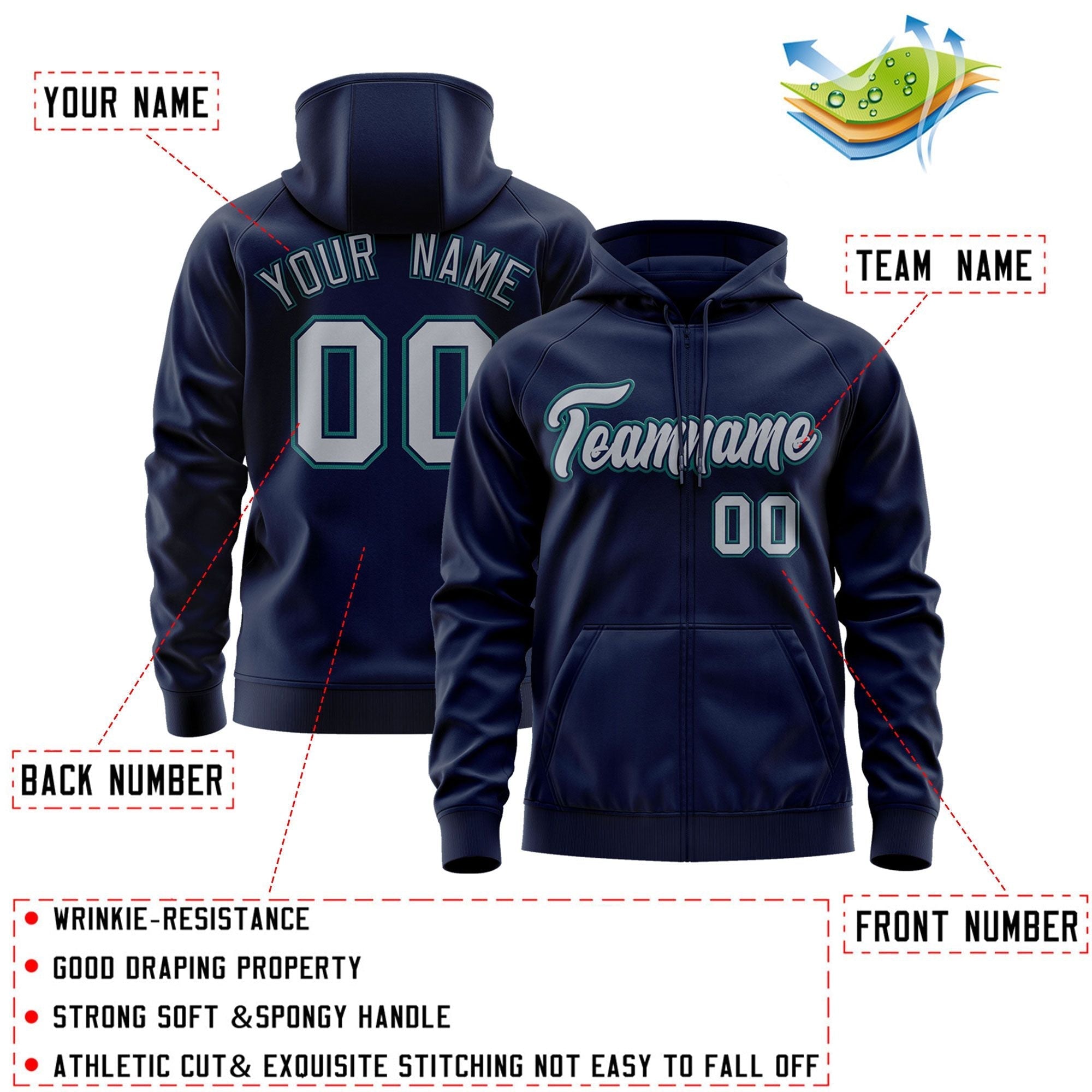 Custom Stitched Navy Gray-Aqua Sports Full-Zip Sweatshirt Hoodie| KXKSHOP