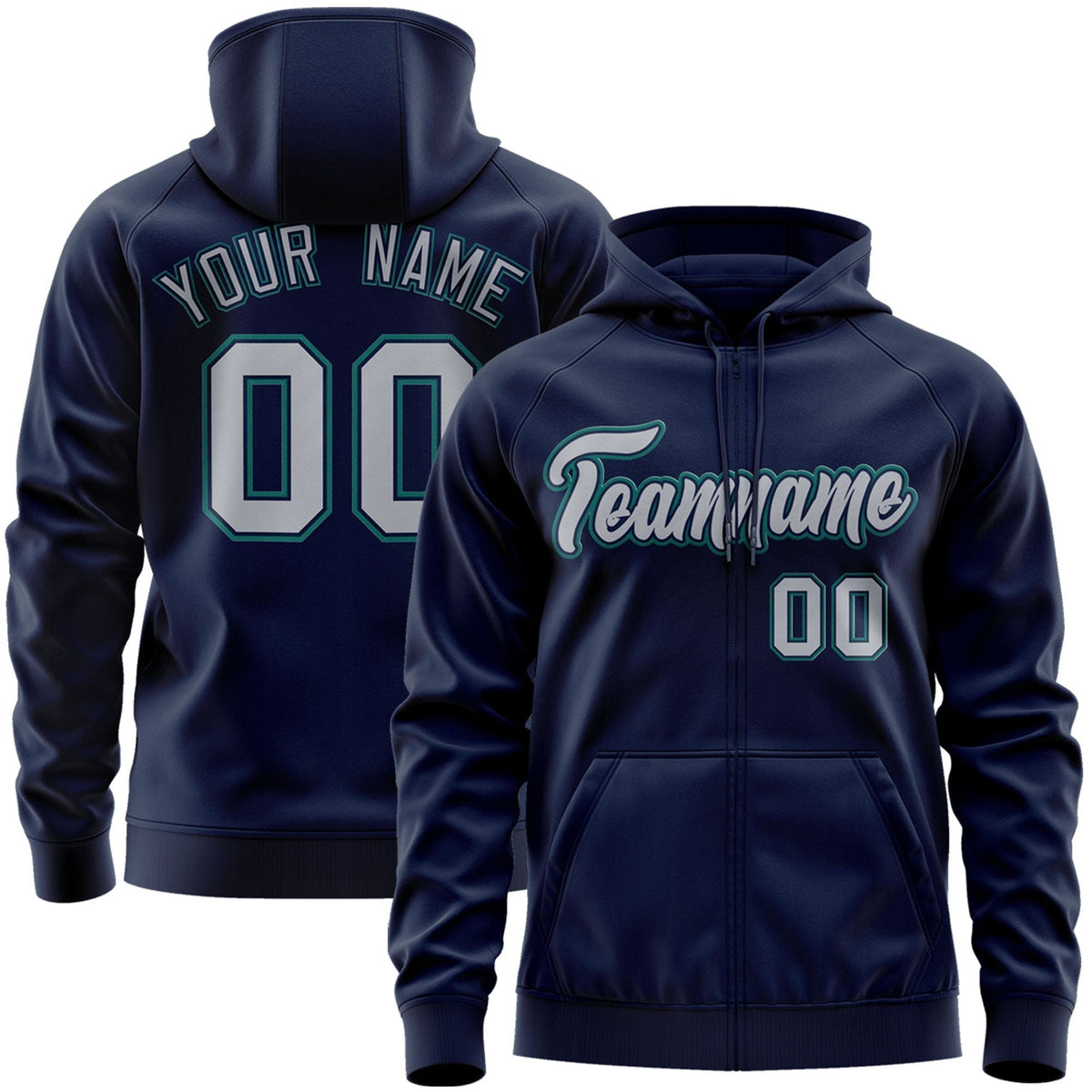 Custom Stitched Navy Gray-Aqua Sports Full-Zip Sweatshirt Hoodie| KXKSHOP