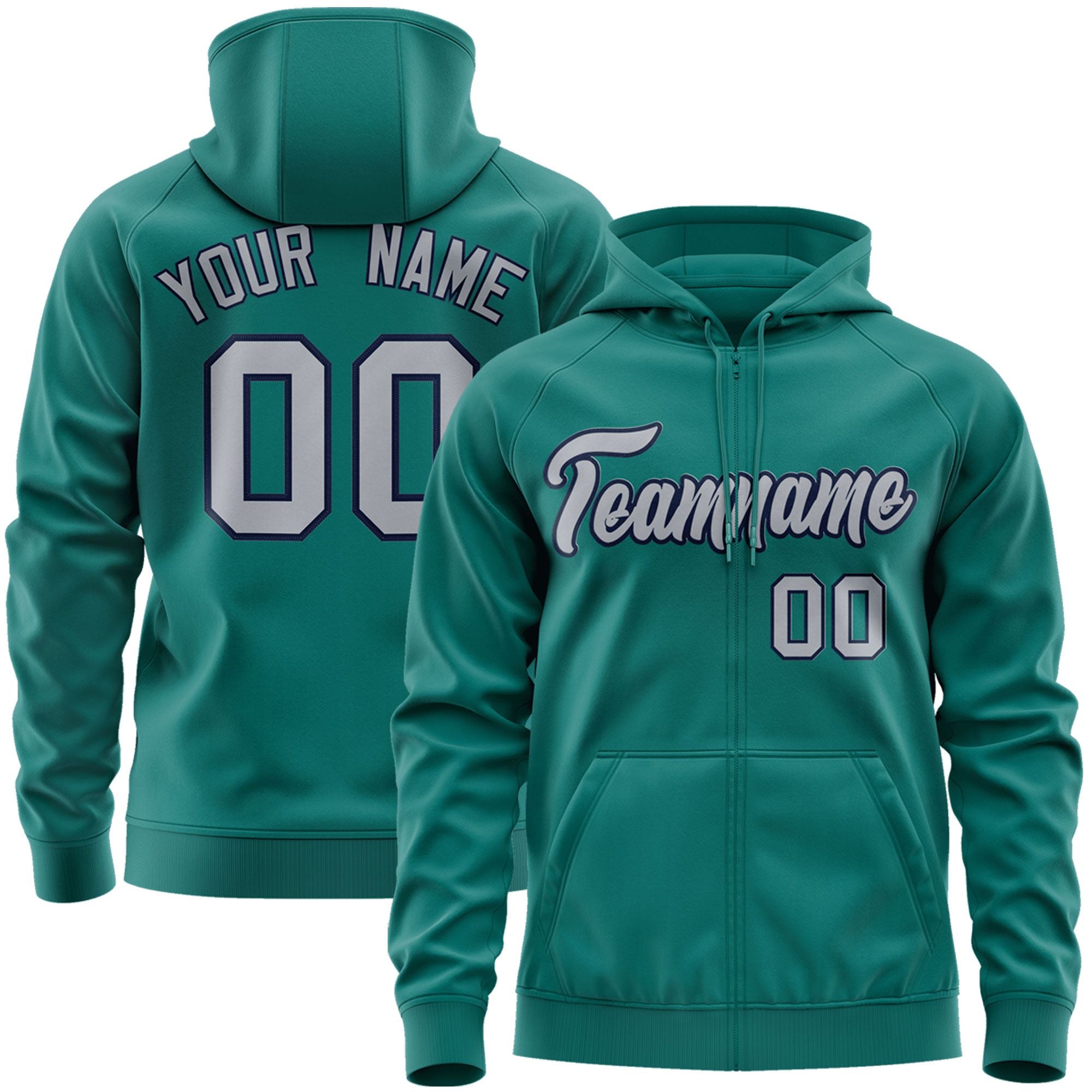 Custom Stitched Aqua Gray-Navy Sports Full-Zip Sweatshirt Hoodie| KXKSHOP
