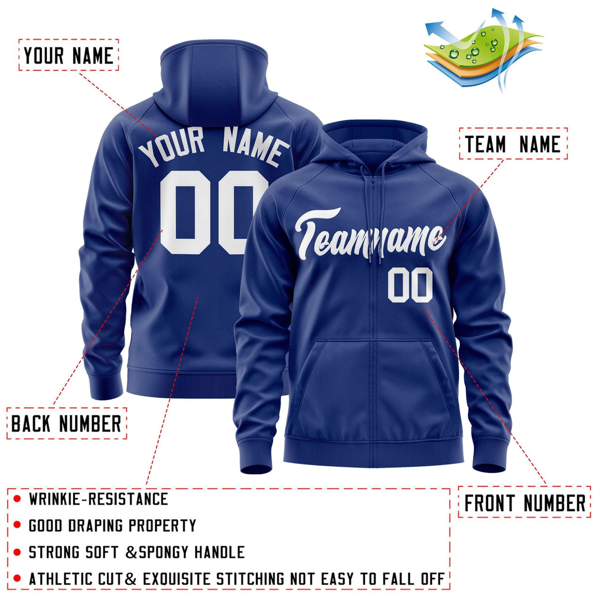 Custom Stitched Royal White Sports Full-Zip Sweatshirt Hoodie| KXKSHOP