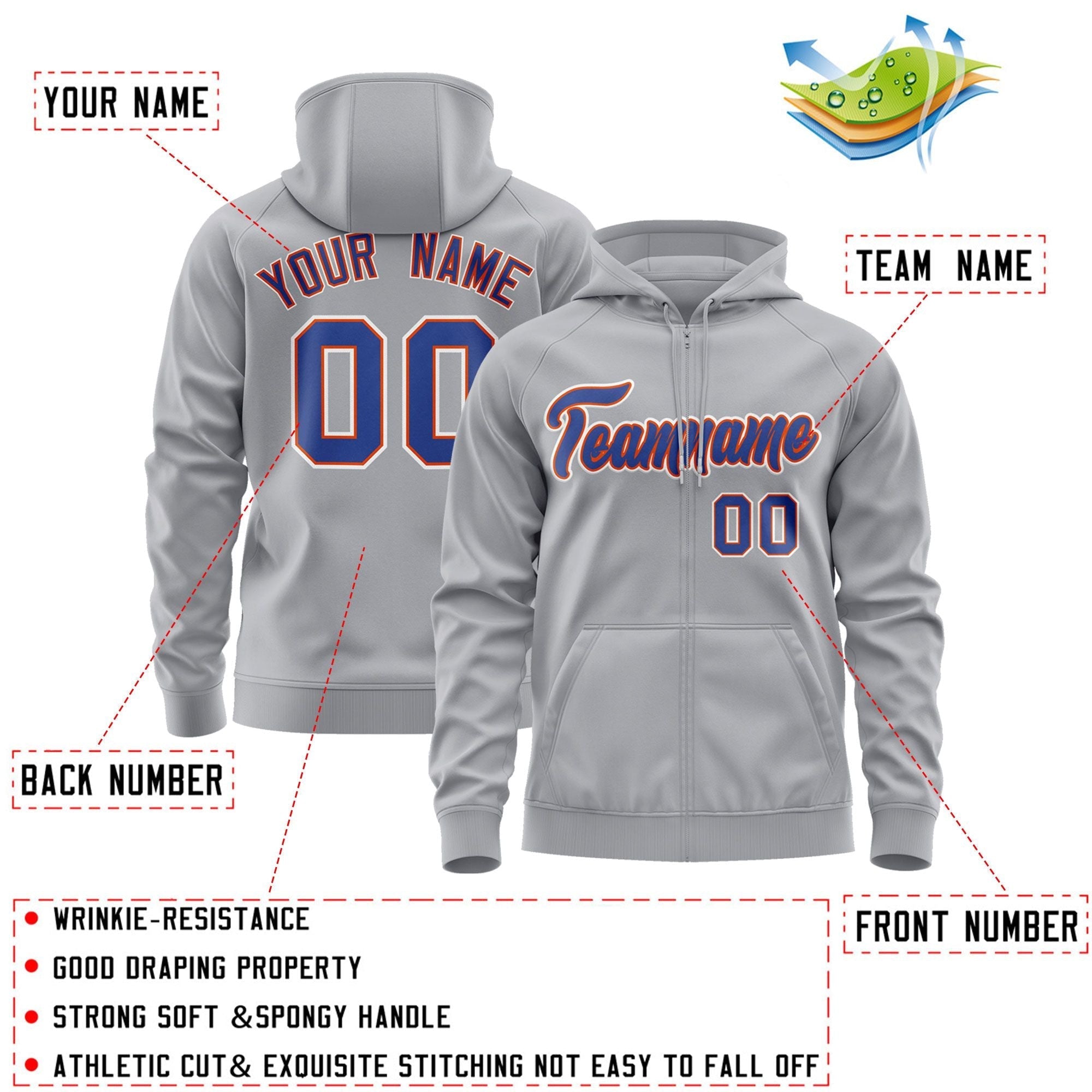 Custom Stitched Gray Royal-White Sports Full-Zip Sweatshirt Hoodie| KXKSHOP